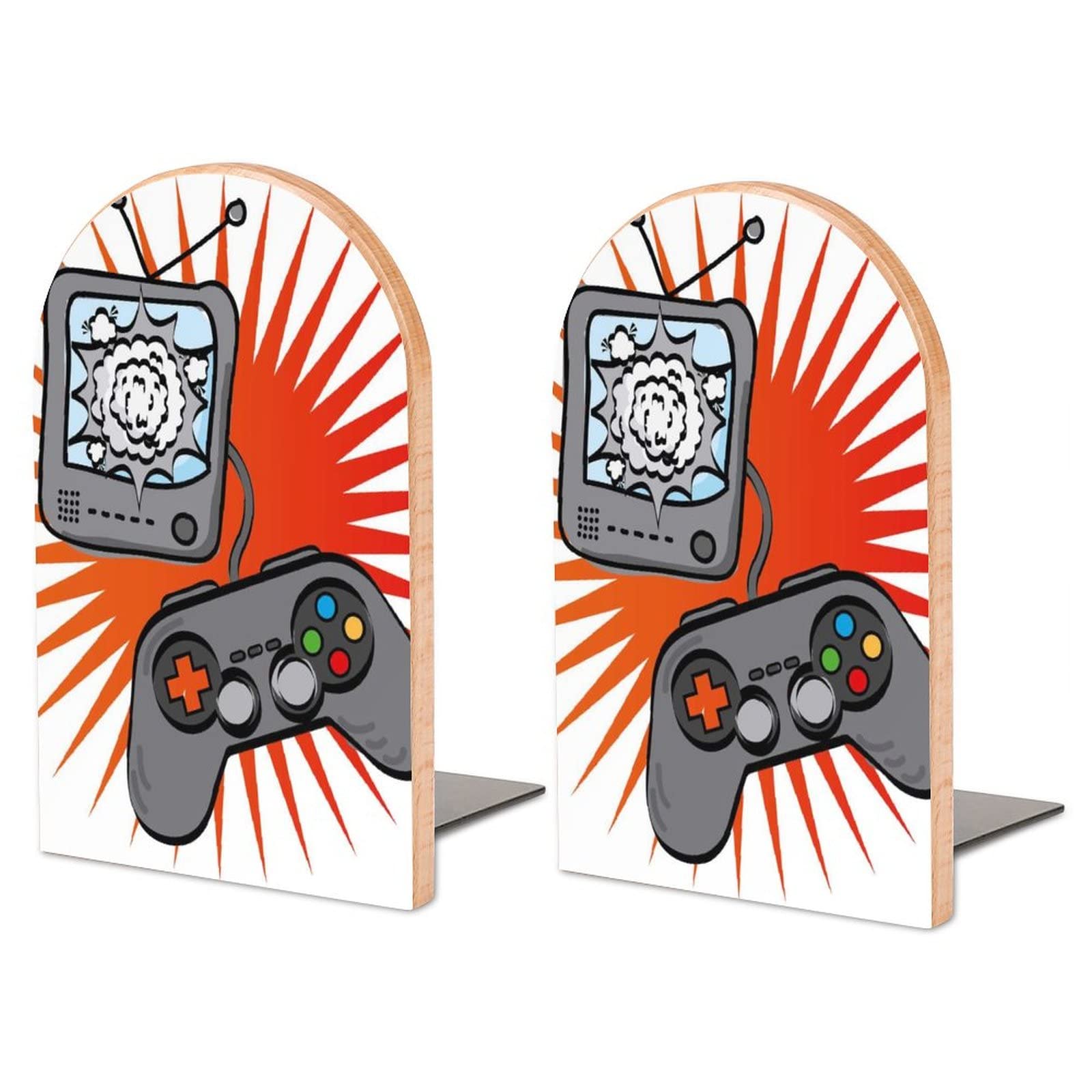 2 PCS Wooden Bookends - Video Game Design, Non-Slip Book Shelf Holder for Home Office Library Study Decor | Perfect for Organizing Books, Games & Collectibles on Shelves