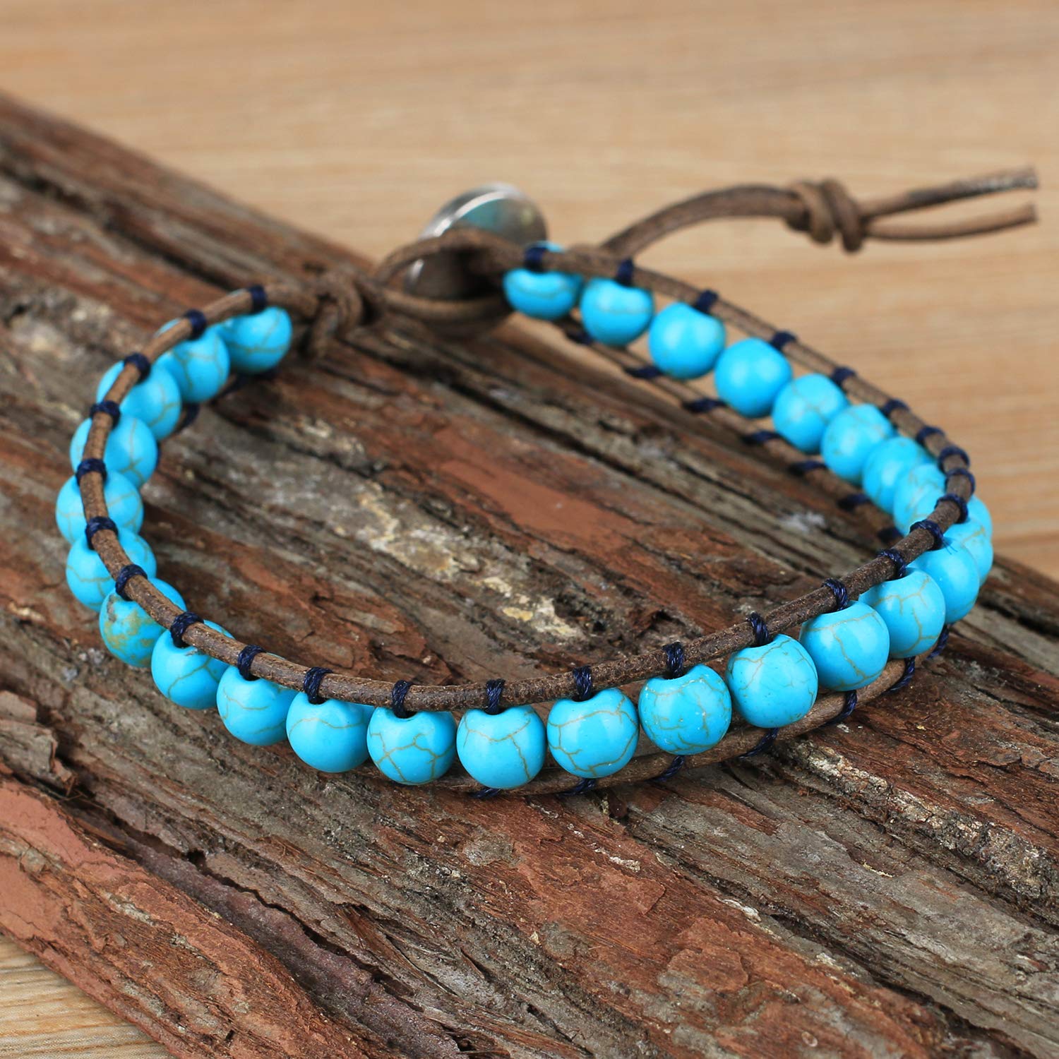 KELITCH Handmade Turquoise Skull Beaded Wrap Bracelet - Brown Leather Adjustable Wristband for Women | Boho Chic Jewelry Gift for Festival, Party & Everyday Wear