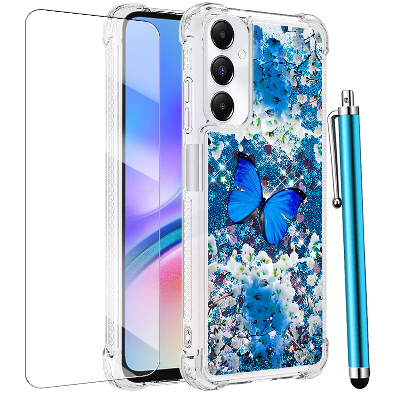 Cute Glitter Bling Liquid Shockproof Soft TPU Slim Silicone Phone Case for Samsung Galaxy A05S with Screen Protector - Blue Butterfly Design | Protective Cover for Women & Girls | Perfect for Everyday Use, Work, and Travel