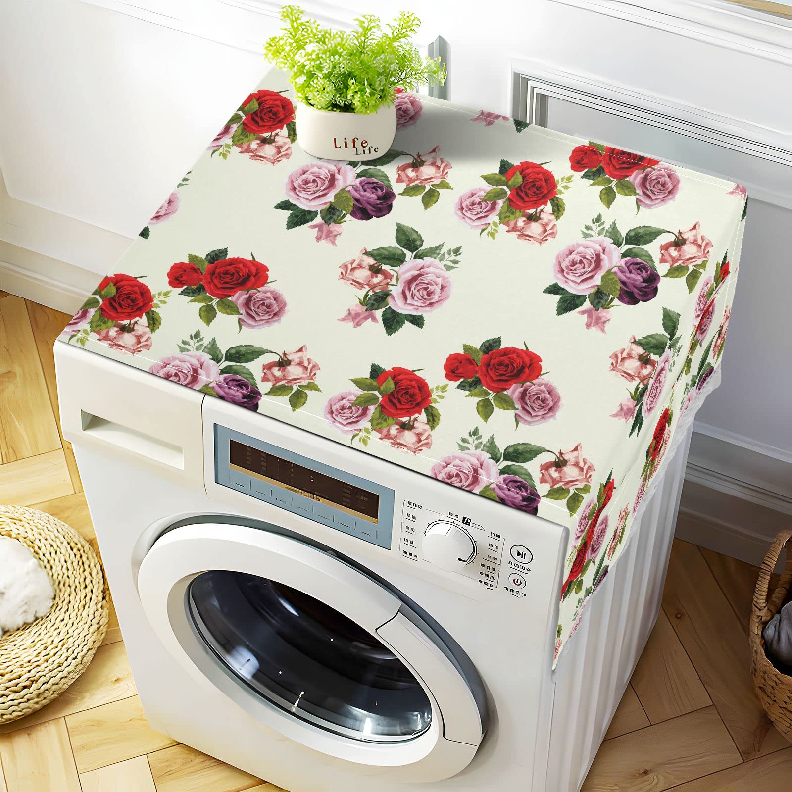 Vintage Floral Red Purple Pink Washing Machine Cover - Dustproof, Oil Resistant Refrigerator Cover with Storage Bags & Lace Trim (51