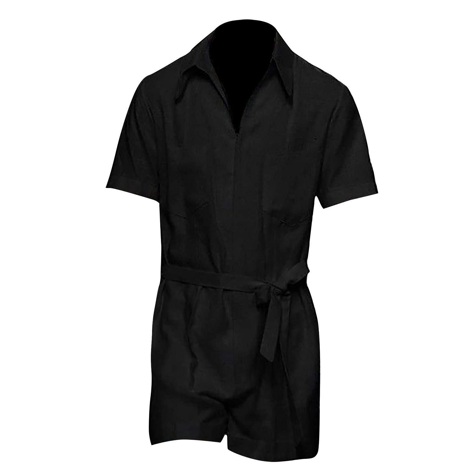 Men's Slim Fit Cotton Linen Jumpsuit with Belt - Summer Solid Color Casual Outfit for Beach, Travel & Date Night (Black, XL)