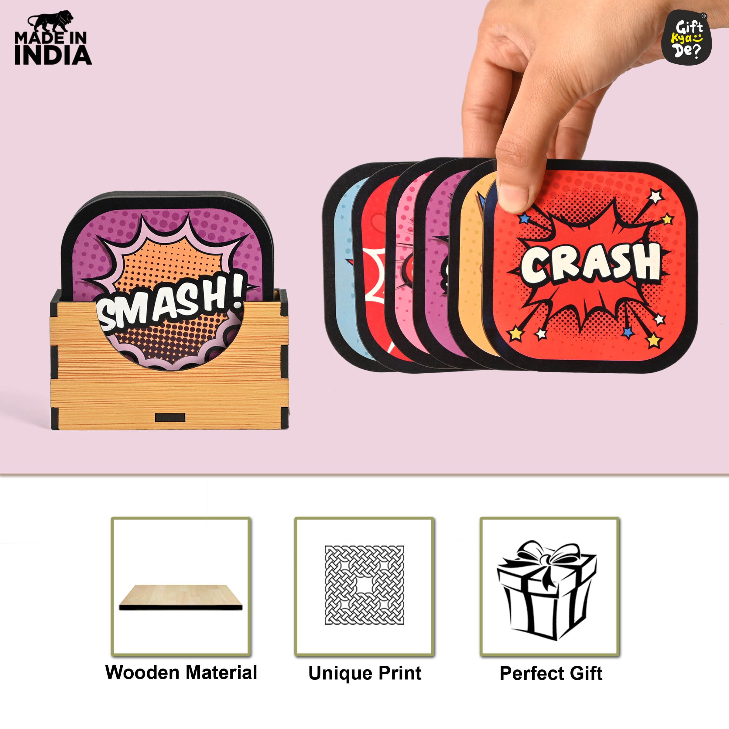 GKD Set of 6 Funky Wooden Coasters for Coffee, Tea & Drinks - 3.8x3.8 Inch Eco-Friendly Absorbent Coasters with Unique Designs - Perfect for Home, Office & Restaurant Use