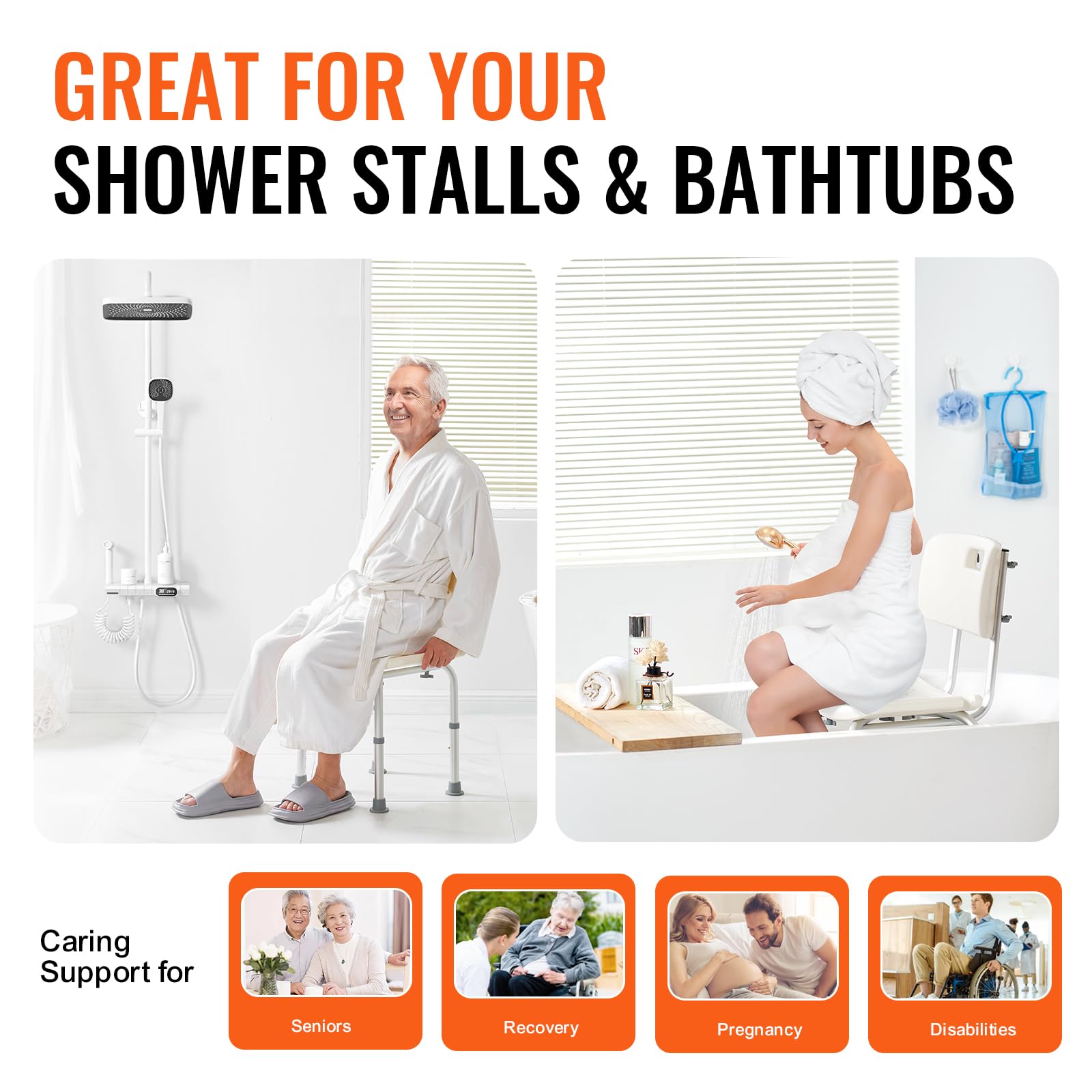 VEVOR Adjustable Height Shower Chair with Back - Non-Slip Bath Seat for Elderly & Disabled - 350 lbs Capacity Silver Shower Stool - Perfect for Bathroom Safety & Assisted Living