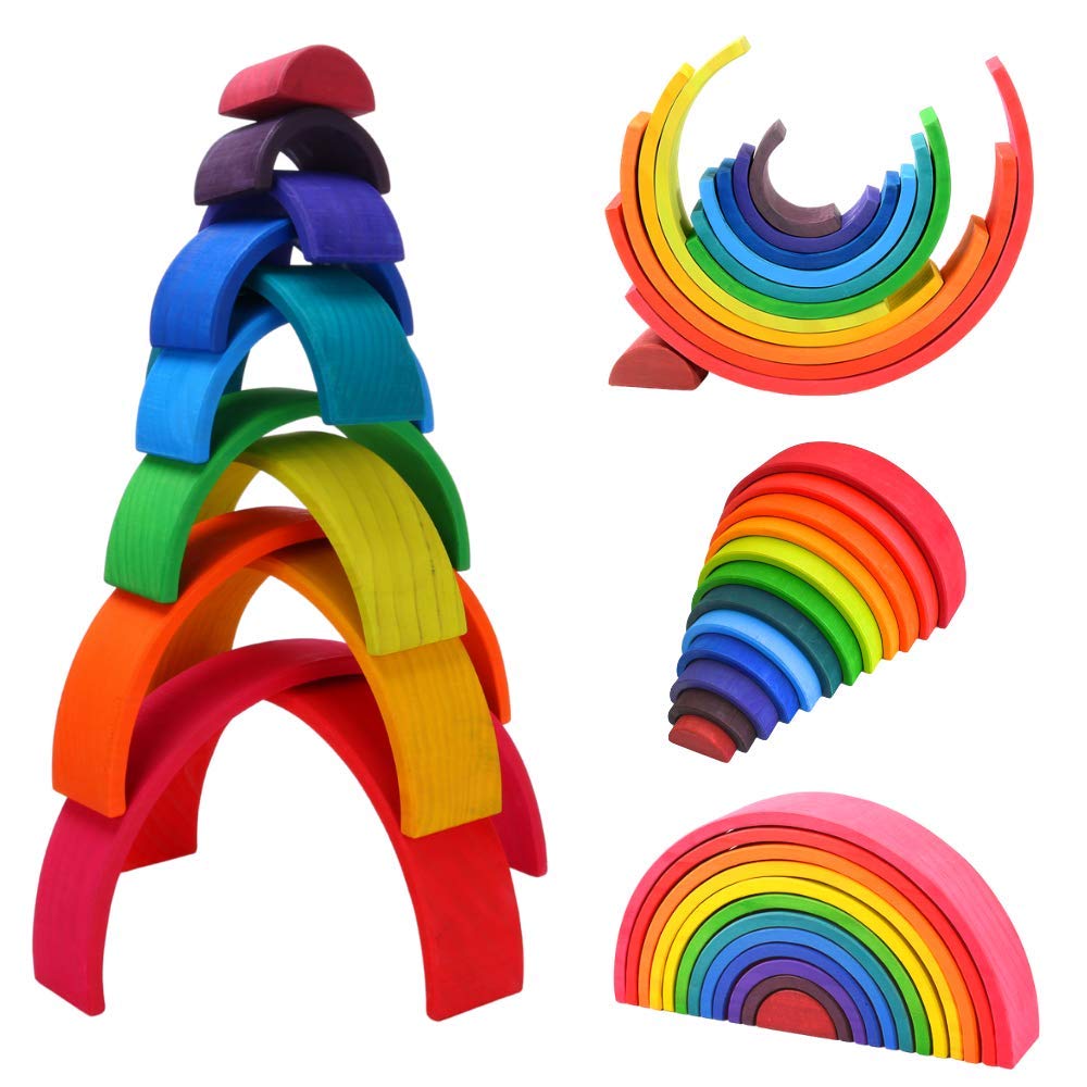 Montessori & Waldorf Inspired Wooden Rainbow Stacking Toy - 12 Piece Set for Toddlers, Natural Wood Rainbow Blocks for Kids | Educational Stacking Game for Early Learning & Sensory Play | Perfect for Daycare, Preschool & Home Playrooms