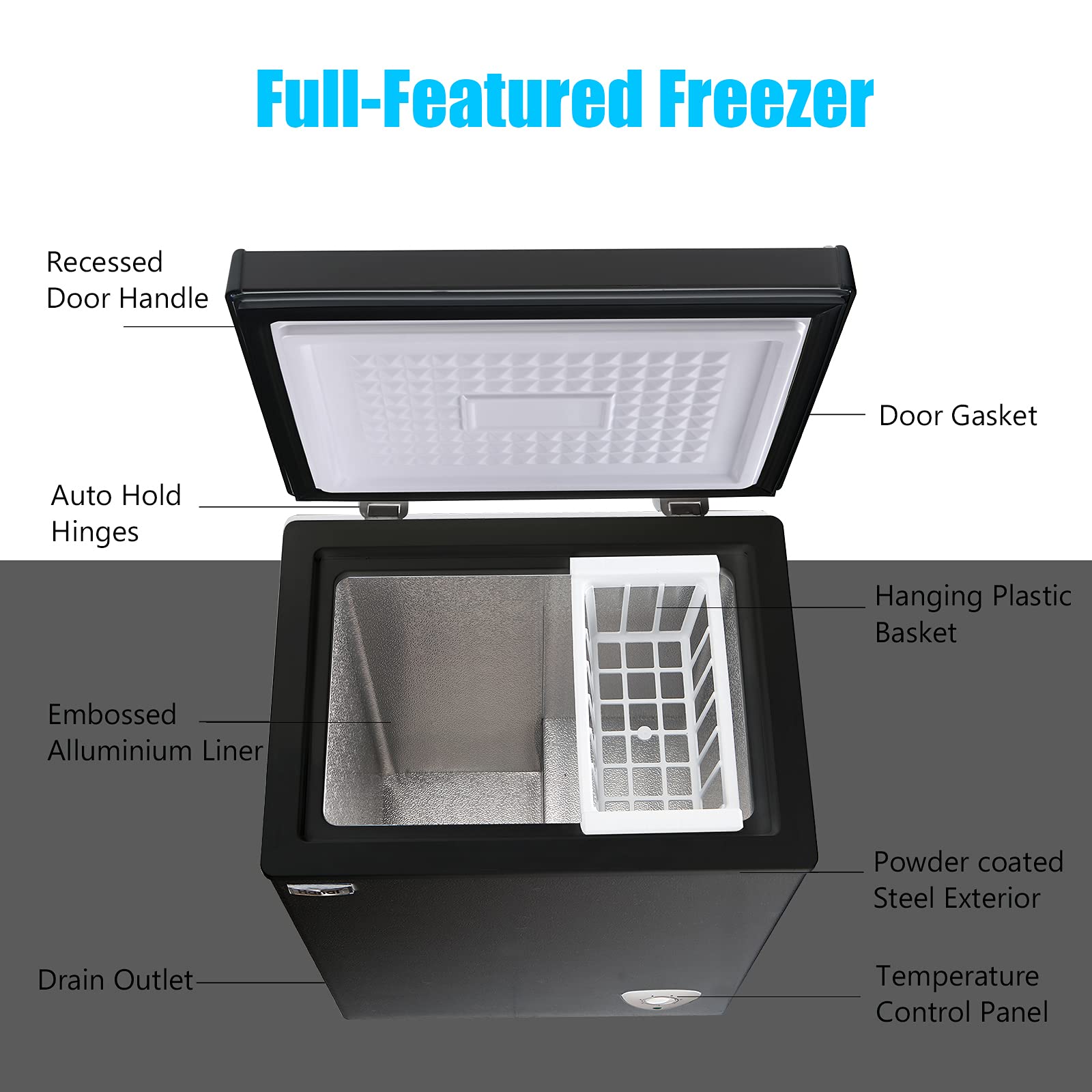 3.5 Cu.Ft Compact Chest Freezer - Energy Efficient Deep Freezer with Adjustable Thermostat & Removable Basket - Perfect for Apartments, Kitchens & Small Spaces - Black Free-Standing Top Door Design
