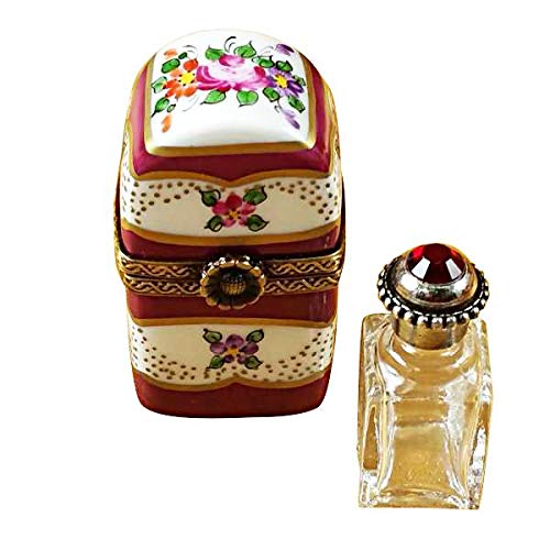 French Limoges Porcelain Collectible Box - Burgundy Tall Floral Design with Bottle Figurine | Elegant Home Decor, Gift for Collectors & Special Occasions