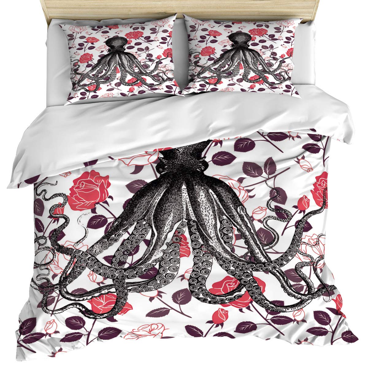 Crystal Emotion 3-Piece Octopus Floral Rose Duvet Cover Set - California King Size Ultra Soft Breathable Microfiber Bedding | Kraken Ocean Animal Theme All-Season Comfort for Coastal & Nautical Bedroom Decor