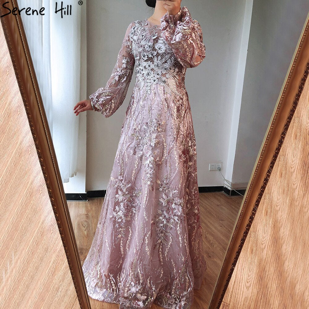 Serene Hill Muslim Pink Luxury Evening Gown 2025 - Floral Crystal Embellished Long Lantern Sleeves Formal Dress LA70779 for Weddings, Galas & Special Occasions