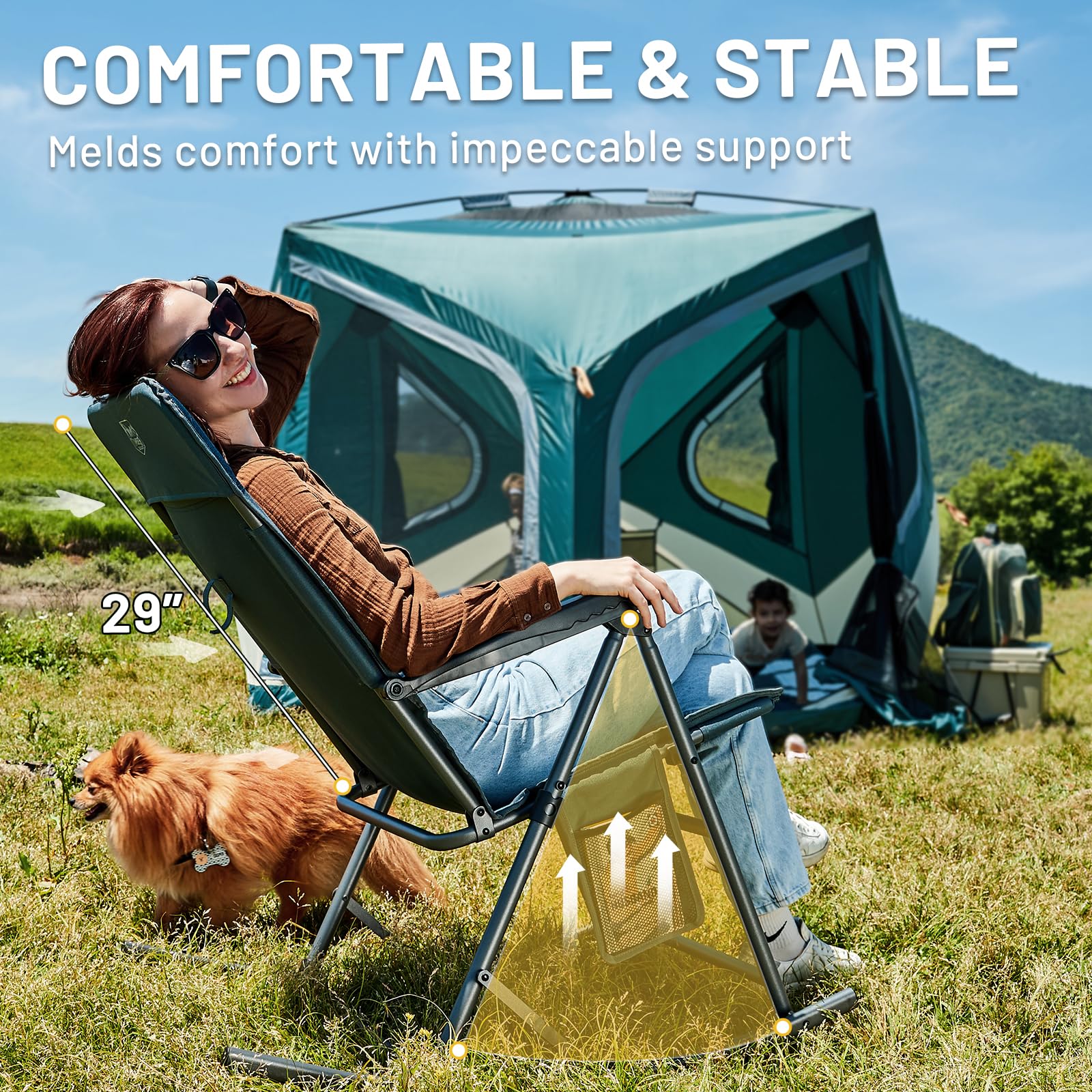 TIMBER RIDGE Adjustable Rocking Camping Chair - Padded High Back Outdoor Rocker with Side Pocket, Portable Folding Chair for Adults (300 LBS Capacity) - Perfect for Lawn, Patio, Porch, Beach & Backyard Relaxation - Blue (1 Pack)