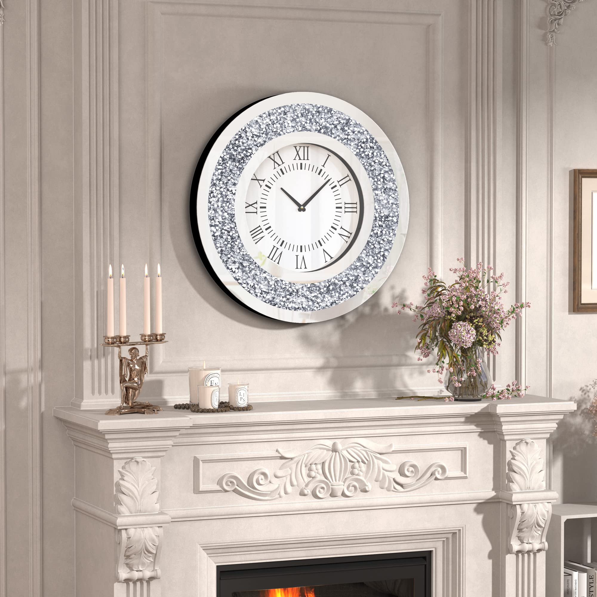 Luxury Silver Crystal Crush Diamond Mirrored Wall Clock - 20 x 20 Inch Large Round Decorative Clock for Dining Room, Living Room, Bedroom & Office Decor | Perfect for Home, Office & Gift Giving