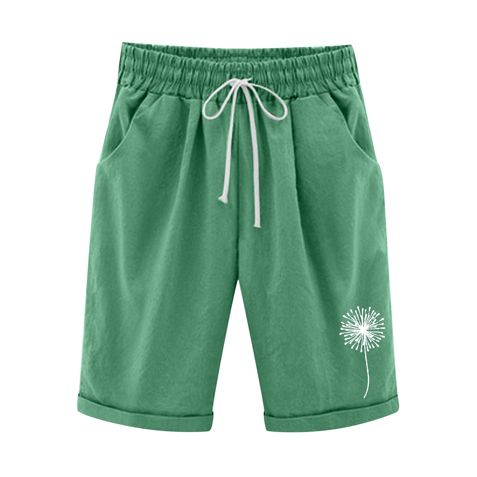 Smileyth Women's High Waisted Cotton Linen Shorts - Summer Dandelion Print Plus Size Lounge Pants with Lacing & Pockets | Beach, Workout, Casual Wear (Green, Medium)