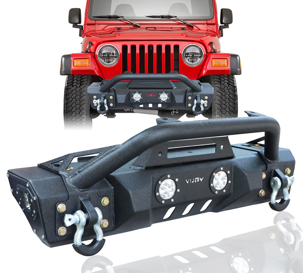 Black Textured Front Bumper with Winch Plate, 4 Aluminum Lights & 2 D-Rings for 1997-2006 Jeep Wrangler TJ - Off-Road Protection & Adventure-Ready Upgrade