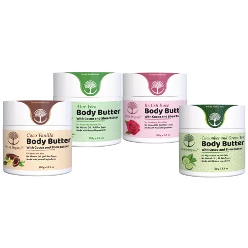 Organic Aloe Vera, British Rose, Coco Vanilla & Cucumber Green Tea Body Butter Cream Set - 4 Pack | Hydrating & Nourishing Skincare for Dry Skin, Perfect for Daily Moisturizing & Spa Treatments