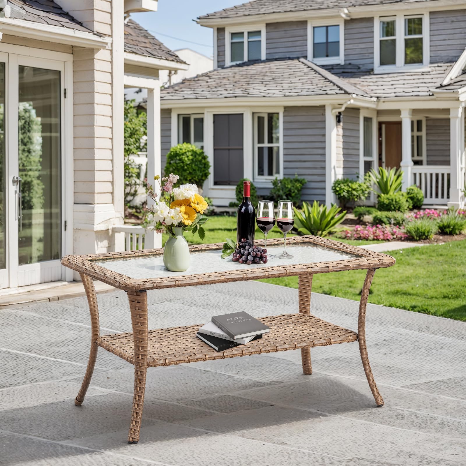 Outdoor Coffee Table - Rattan Wicker Patio Table with Tempered Glass Top & 2-Tier Storage for Deck, Porch, Balcony, Garden - Yellow | Perfect for Outdoor Lounging, Entertaining & Small Space Storage