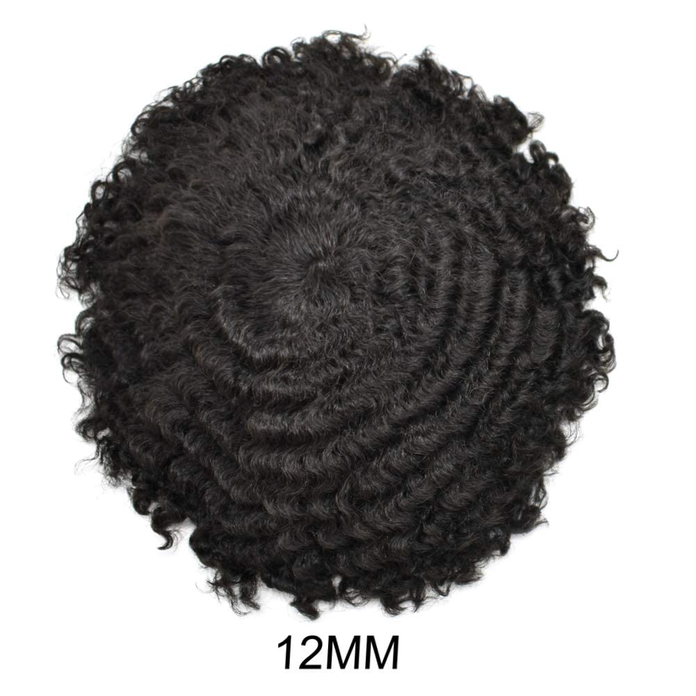 Afro Toupee for Black Men - Kinky Curly Brazilian Human Hair Piece - African American Afro Wavy Men's Toupee - Full Poly Thin Skin Replacement System (8x10 Inches, #1B Off Black, 12mm) - Perfect for Daily Wear, Cosplay, and Special Occasions