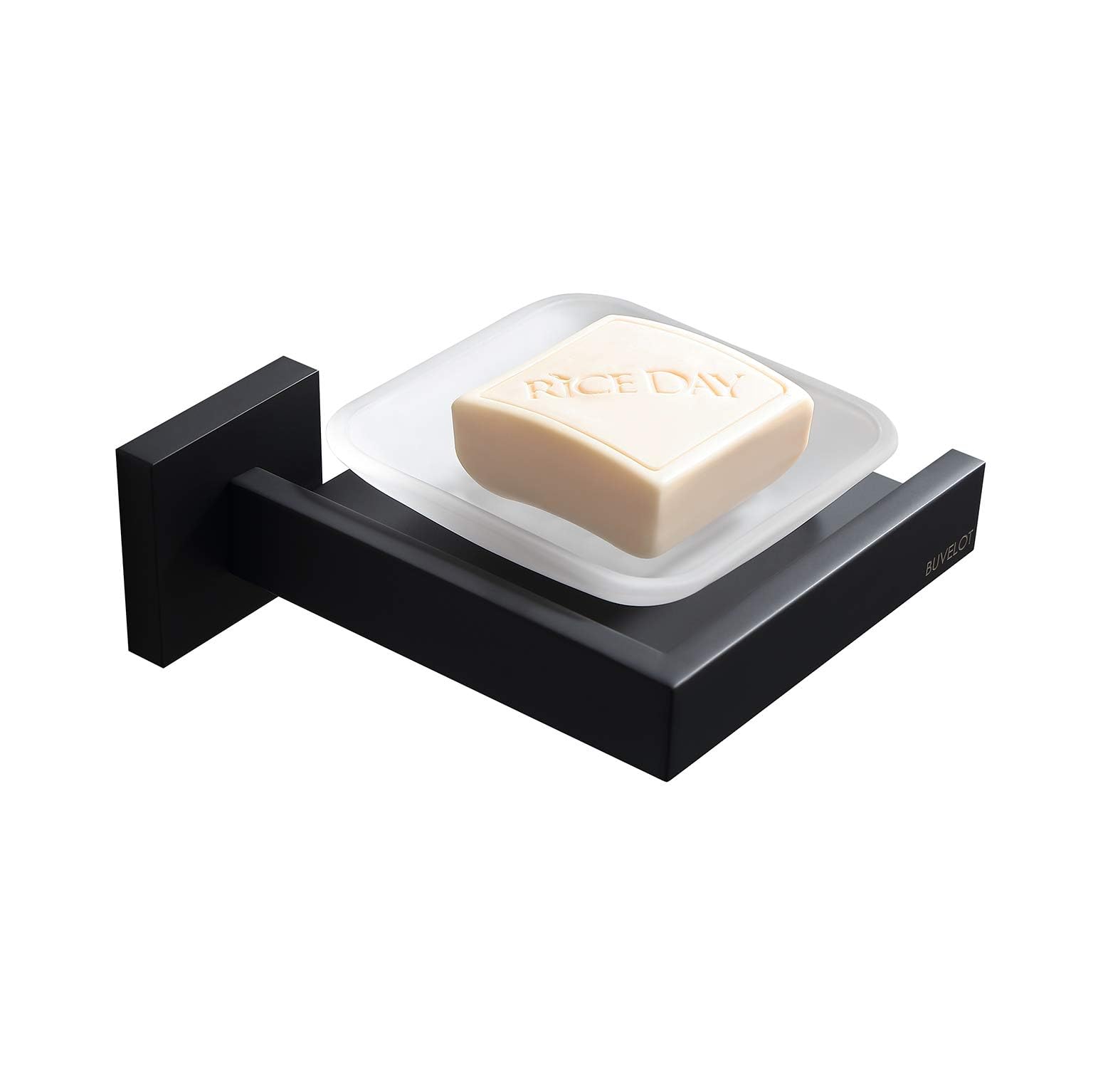 Frosted Glass Soap Dish Holder - Modern Square Bathroom Soap Tray with Wall Mount, Matte Black for Shower & Sink - Durable Tempered Glass Soap Saver for Spa, Hotel, and Home Bathroom Decor (071020-MB Les Series)