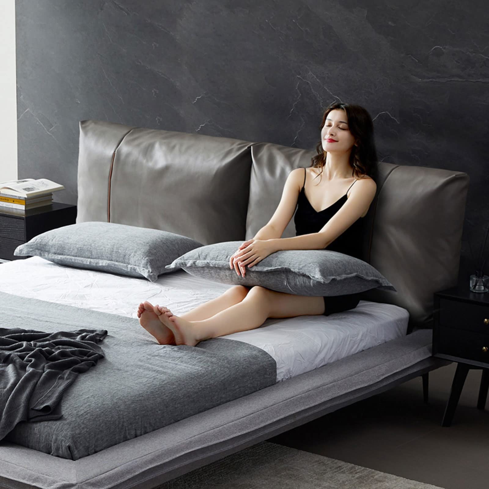 **Soft Velvet Headboard Pillow with Feather Filling - Lumbar Support for Reading in Bed - Microfiber Leather Cover (Light Gray, 180x55x10cm) - Perfect for Cozy Reading, Relaxing & Back Support**