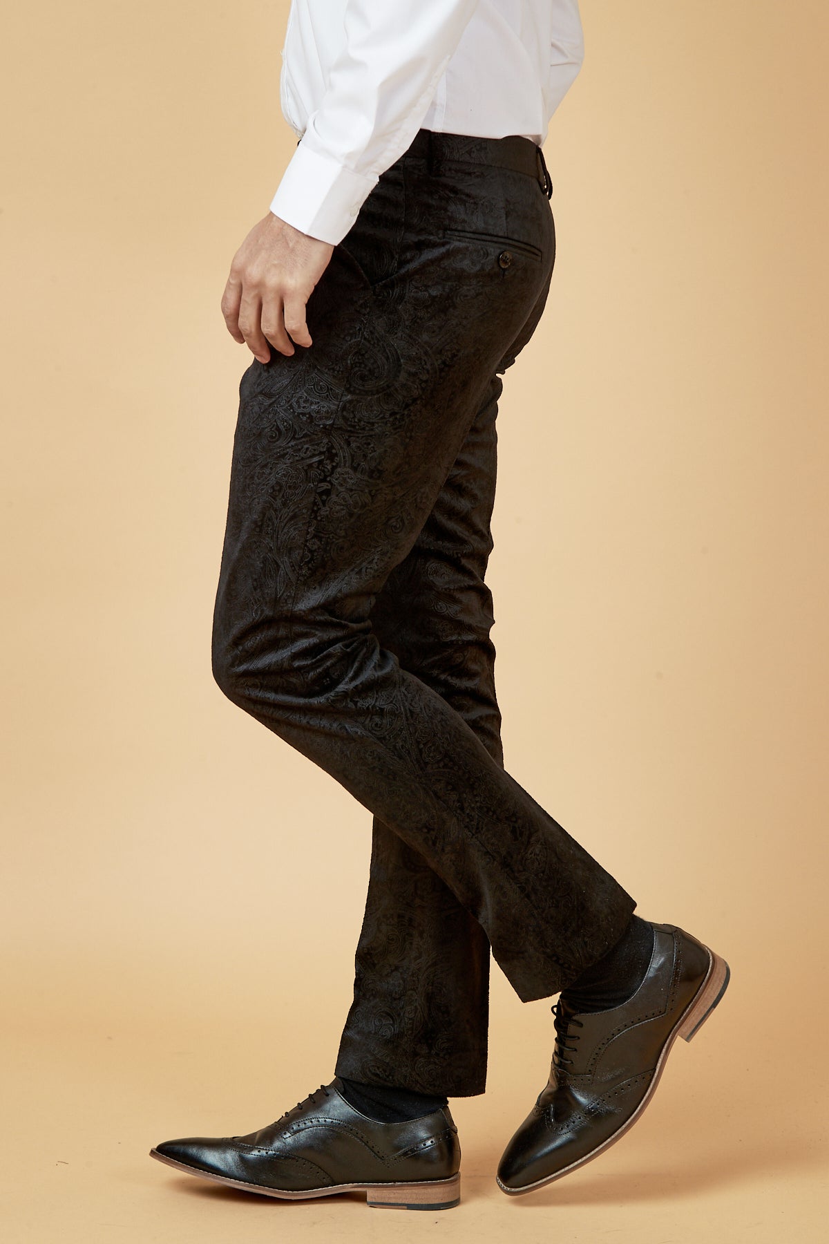 SIMON Black Velvet Jacquard Trousers for Women - Elegant High Waist Dress Pants for Party, Evening & Special Occasions