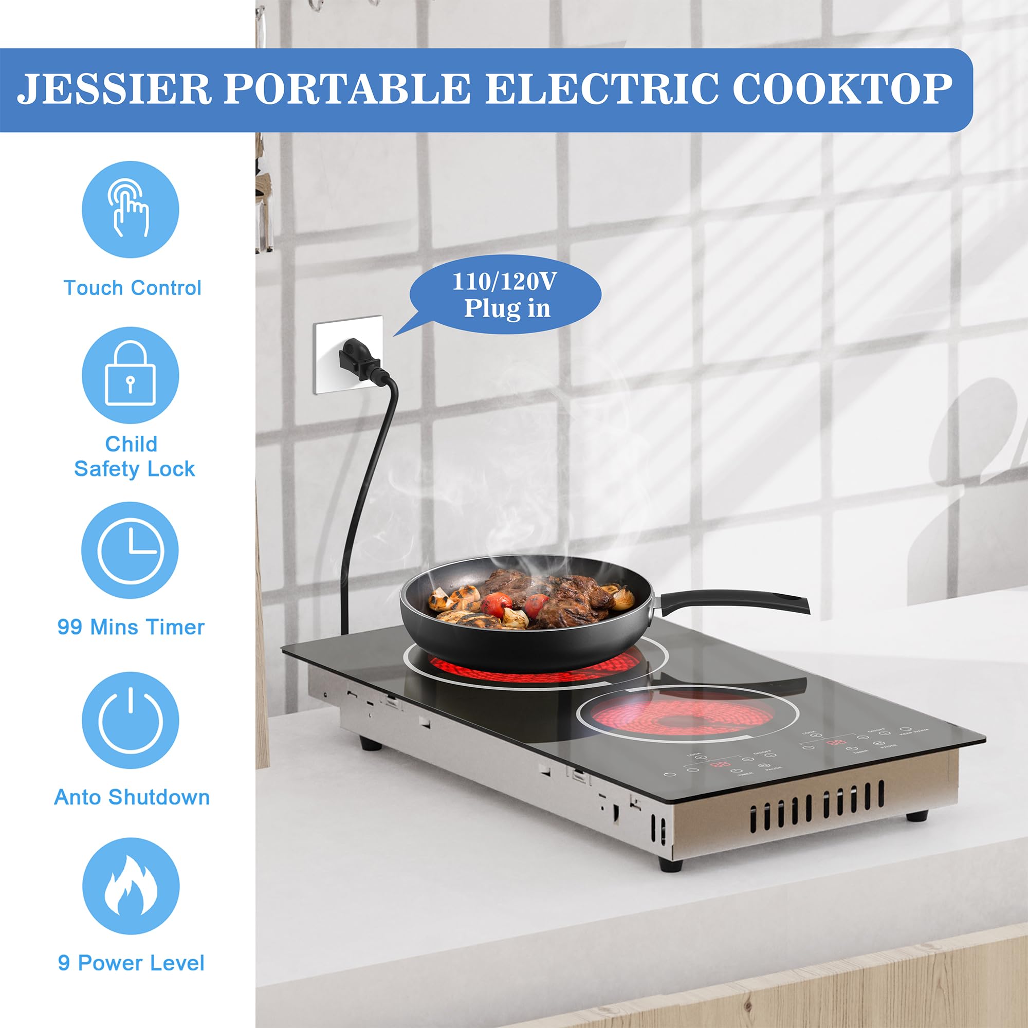 12 Inch 2 Burner Electric Cooktop - 120V Plug-in Countertop & Built-in Stove with Timer, Safety Lock & Over-Temperature Protection | Sensor Touch Control | Perfect for Small Kitchens, RVs & Apartments
