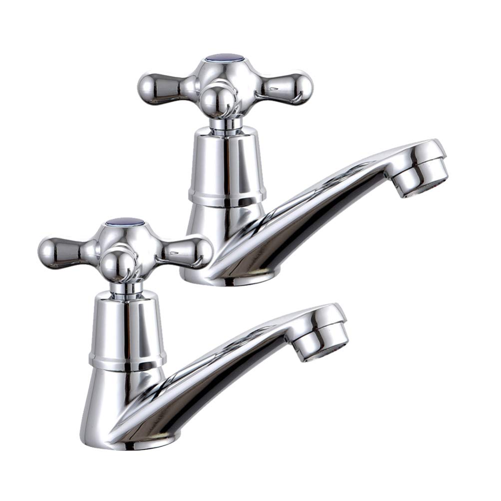 DOITOOL 2-Pack Traditional Cross Handle Bathroom Sink Mixer Tap - Hot & Cold Water Basin Faucet in Blue | Perfect for Vintage Style Bathrooms & Powder Rooms