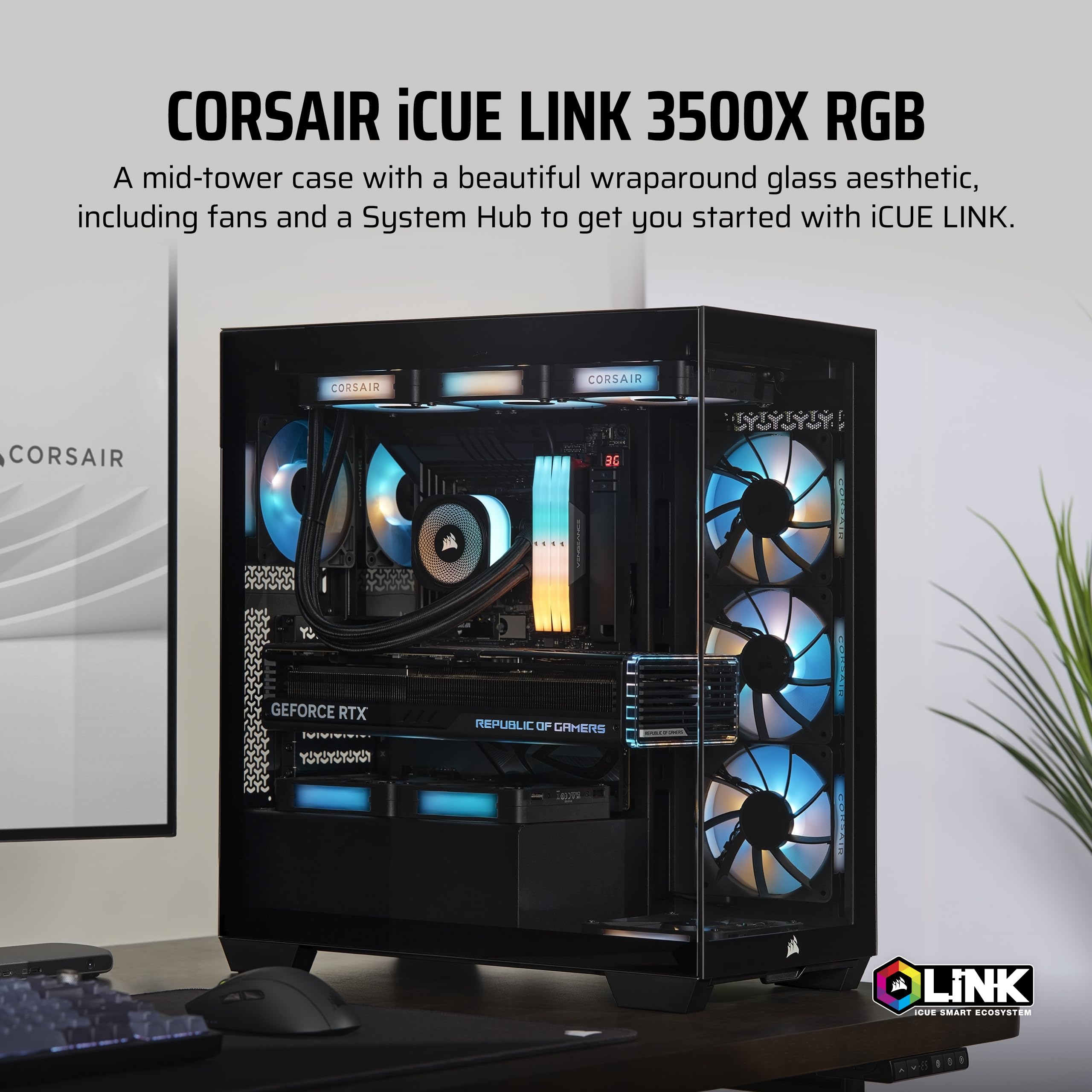 CORSAIR iCUE Link 3500X RGB Mid-Tower ATX PC Case - Panoramic Tempered Glass Panel - Reverse Connector Motherboard Compatibility - Includes 3 CORSAIR iCUE Link RX120 RGB Fans - Black - Perfect for Gaming PC Builds & Custom RGB Setups