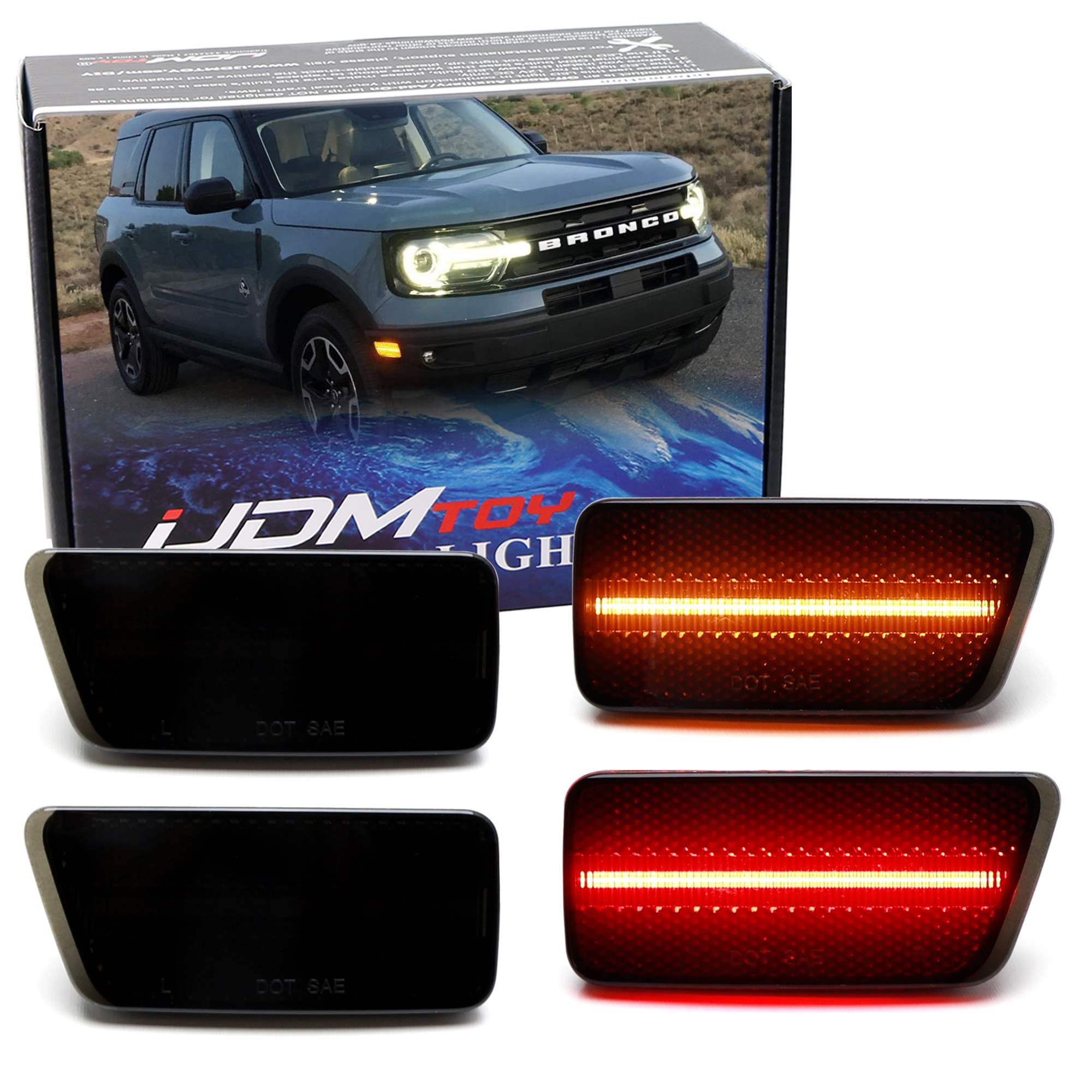 4-Piece Set Smoke Lens Amber/Red Full LED Side Markers for 2021-2023 Ford Bronco Sport - Upgrade Your Off-Road Lighting for Night Driving & Trail Adventures