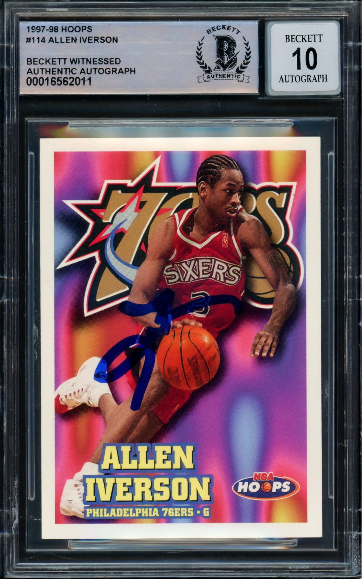 Allen Iverson Autographed 1997-98 Hoops Basketball Card #114 - Philadelphia 76ers - Beckett BAS Gem Mint 10 Grade - Witnessed #16562011 - Perfect for NBA Memorabilia Collectors and 76ers Fans