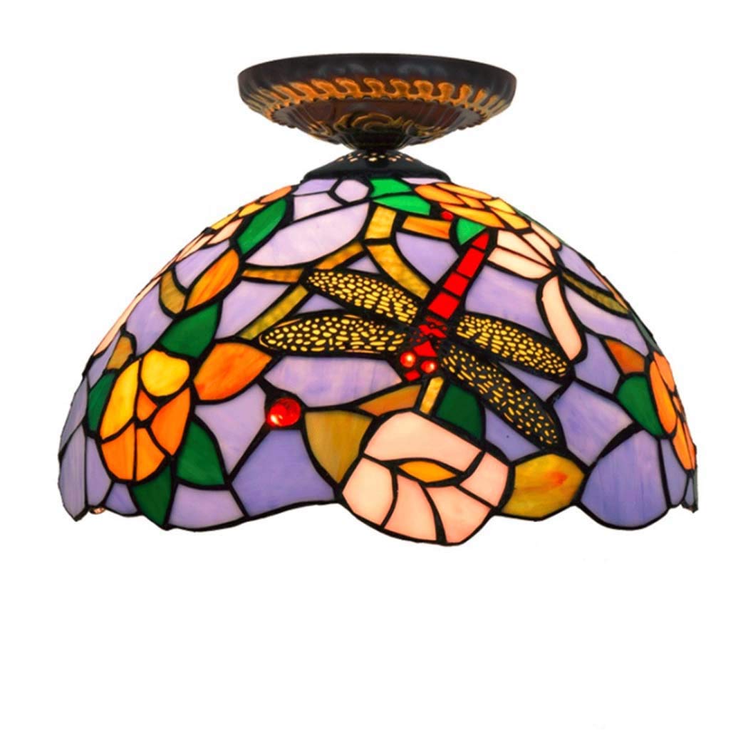 12-Inch Tiffany Style Dragonfly Stained Glass Semi-Flush Mount Ceiling Light - Pastoral Design for Hallway, Study, Office & Bedroom - E27 Base 40W (110-240V) - Perfect for Vintage Home Decor & Cozy Ambience Lighting