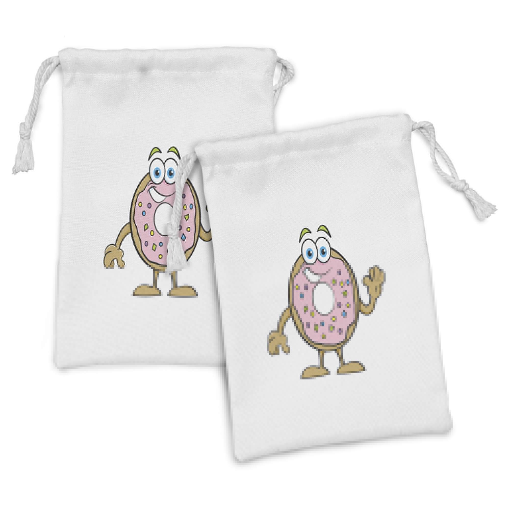 Ambesonne Smile Fabric Pouch Set of 2 - Cartoon Waving Donut with Colorful Sprinkles Drawstring Bags (9