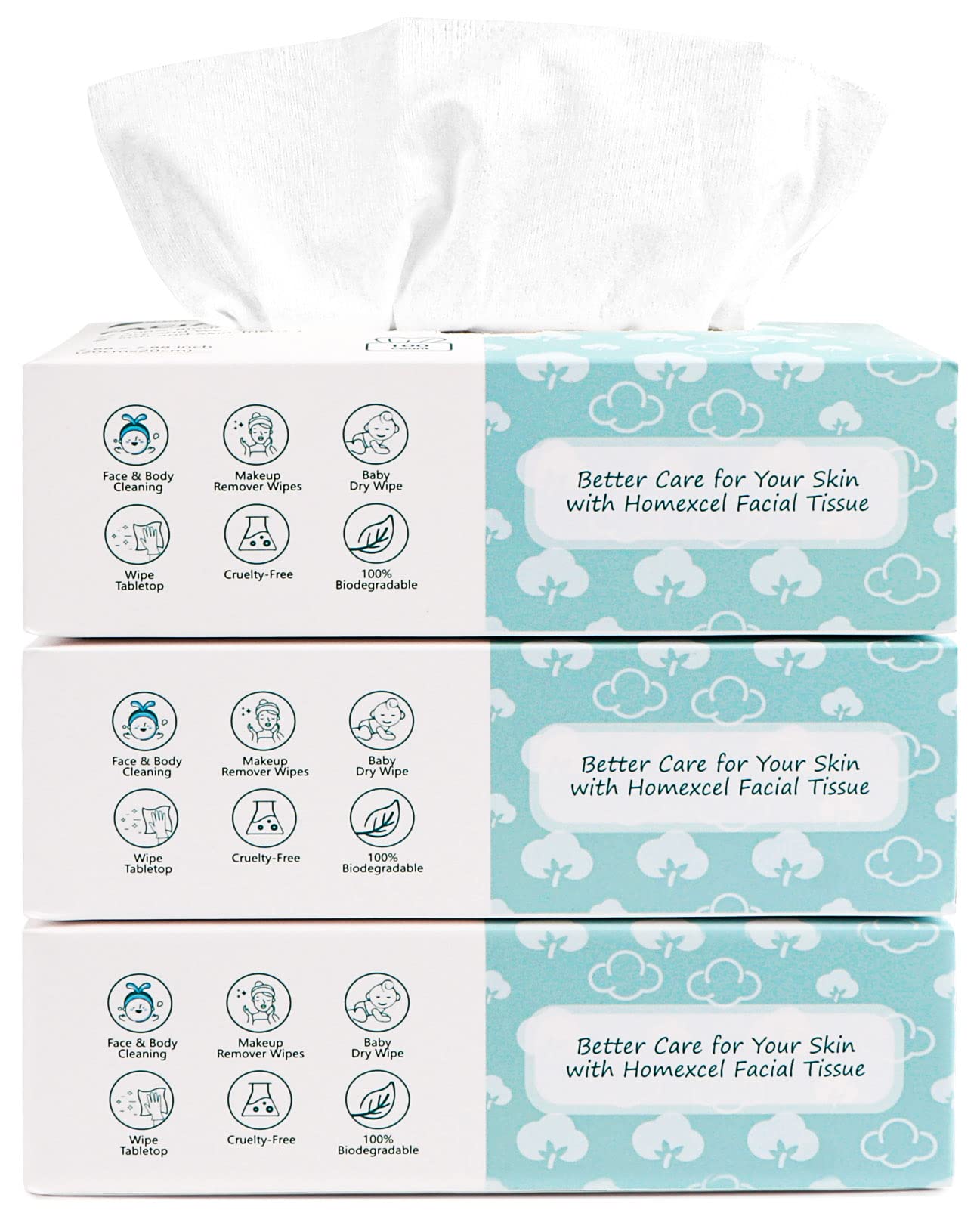 HOMEXCEL Soft Dry Wipe 3 Pack - Unscented Facial Tissues & Disposable Face Towels for Sensitive Skin | Dry & Wet Use for Babies & Adults | Makeup Remover & Facial Cleansing Cloths (300 Count) | Perfect for Travel, Gym & Daily Skincare Routine