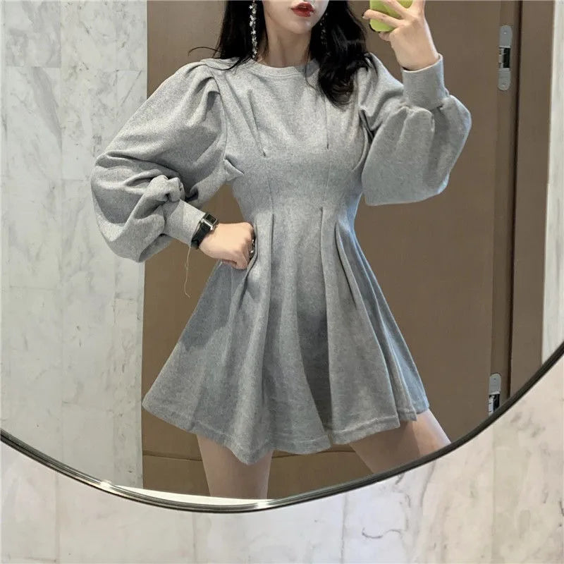 Korean Style Autumn Black Mini Dress - Long Sleeve Pleated Wrap Dress for Women | Spring Fashion Casual Streetwear | Perfect for Kpop Outfits, Date Nights & Office Wear