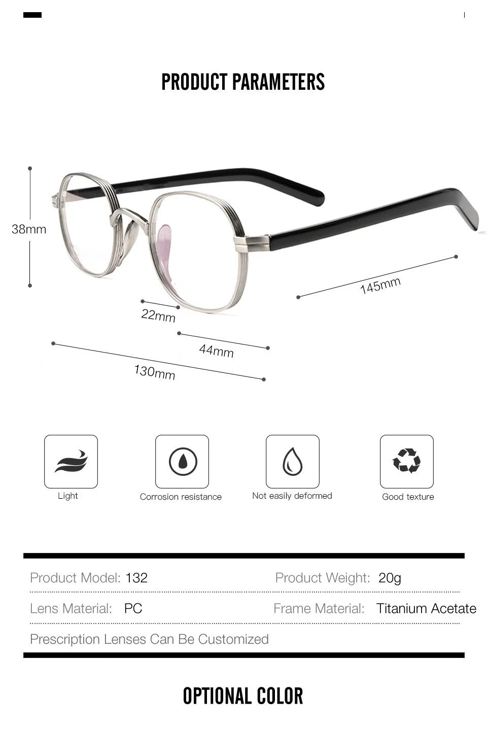 Brightzone Women's Full Rim Square Titanium Acetate Eyeglasses Frame - Lightweight & Durable for Work, Reading & Fashion (Model 105182)