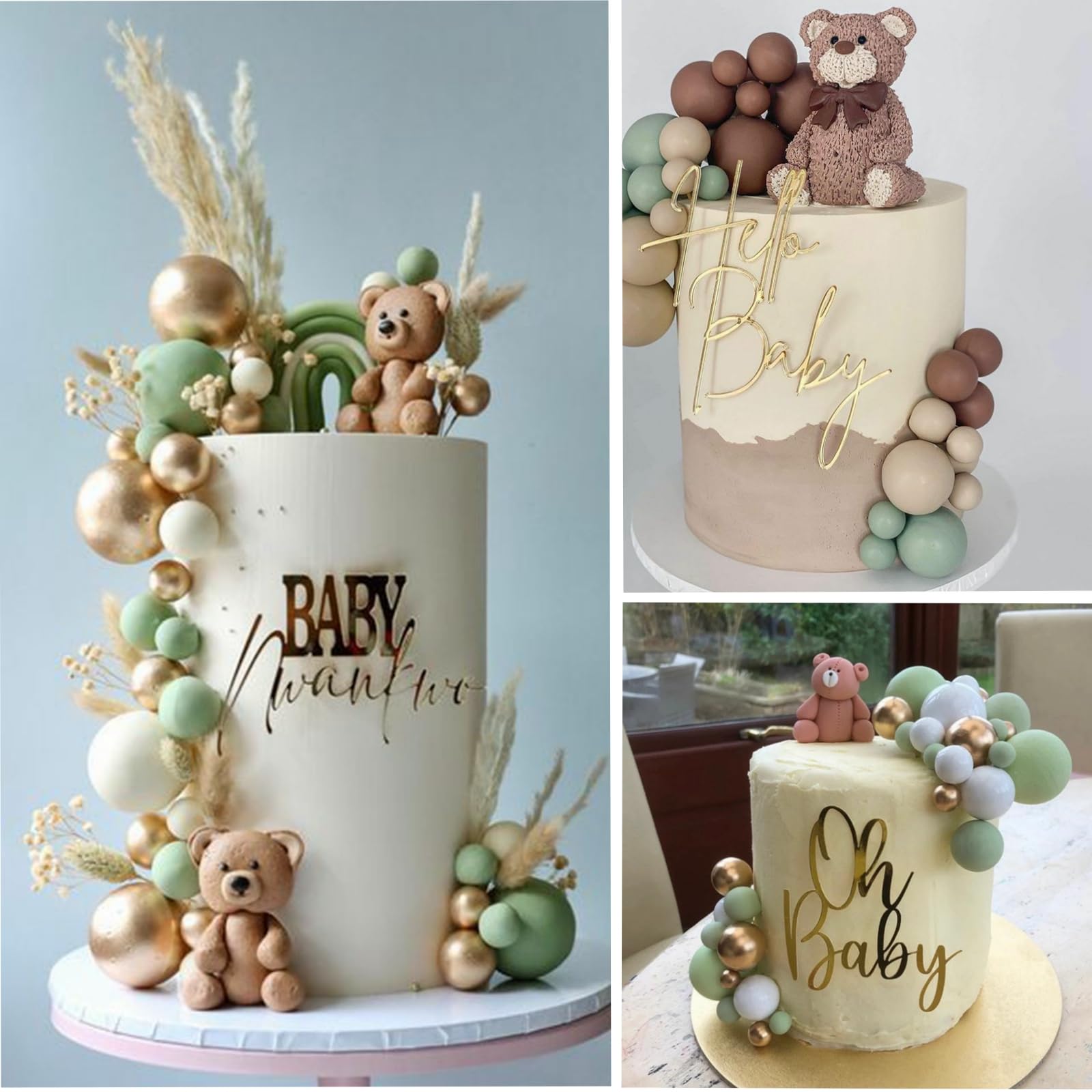 ASTARON 32 Pcs Ball Cake Topper Decorations - Mini Balloons Cake Topper Sticks, Foam Balls Cake Picks for Wedding, Birthday Party Cake Decorating (Green, Brown, Gold) - Perfect for DIY Desserts and Celebration Cakes