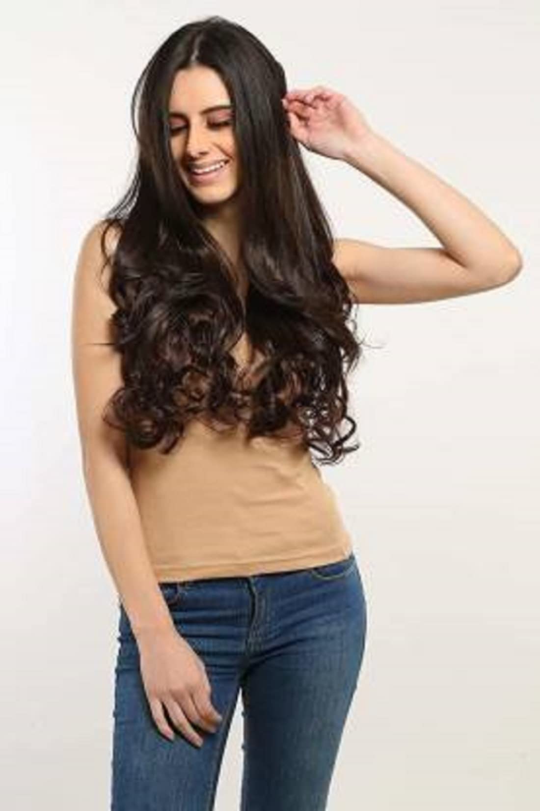 Natural Brown Synthetic Long Curly Hair Extensions for Women - 24 Inch Wavy Human-Like Full Head Wig | Trendy Heat-Resistant Hairpiece for Daily Wear, Parties & Cosplay