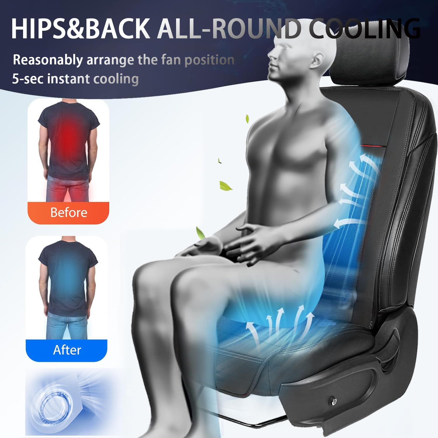 3 in 1 Cooling Car Seat Covers - Summer & Winter Massage Seat Cushion with 16 Fans, 12V High Power Fast Cooling for Cars & SUVs - Breathable Black Car Seat Cover (1PC) - Perfect for Road Trips & Hot Weather Commuting