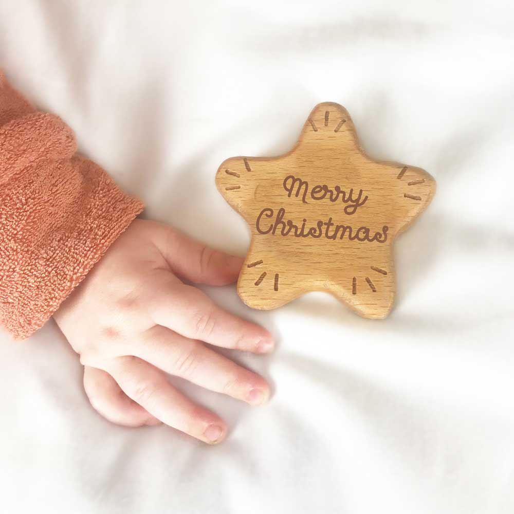 Lil' Christmas Wooden Star Rattle - Handcrafted Baby Teether Toy for Holiday Gifts & Nursery Decor - Perfect for Newborns, Baby Showers & Christmas Stocking Stuffers