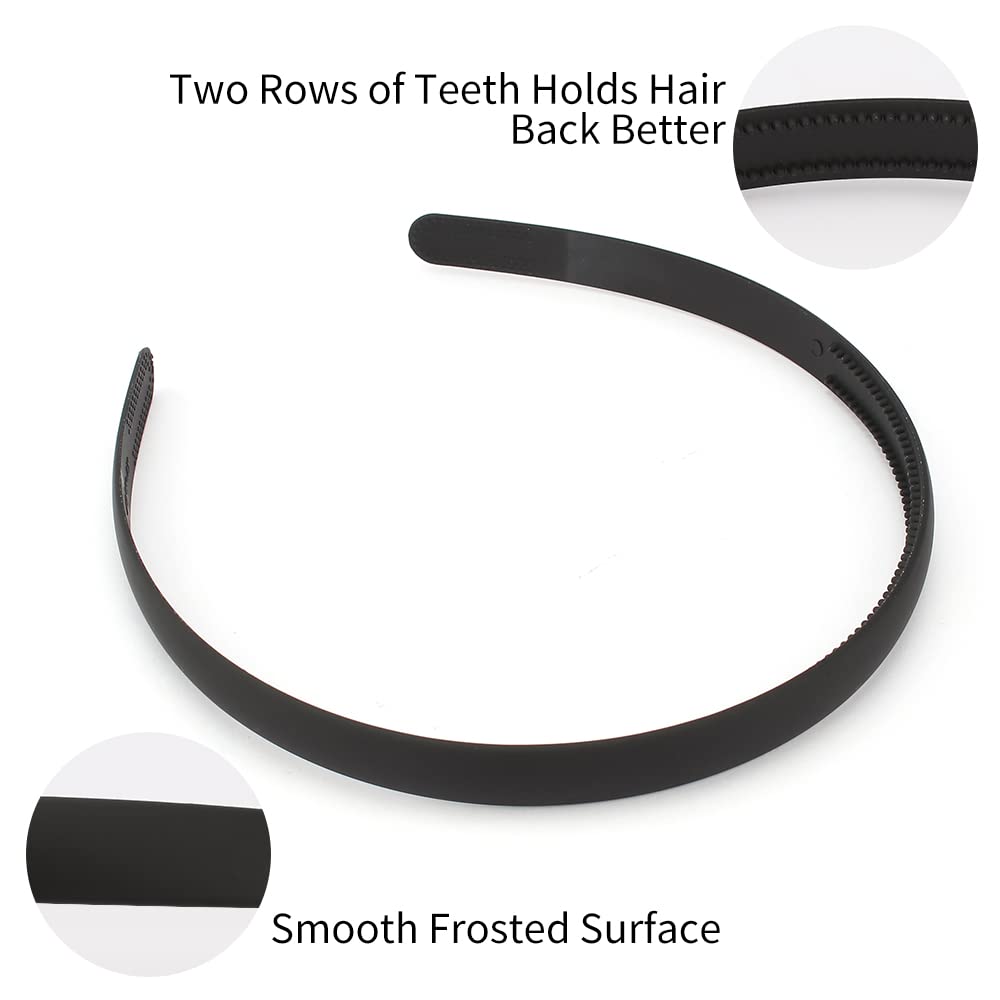 TOBATOBA Thin Plastic Hair Accessories - 6 Pack Skinny Black Headbands with Teeth for Women, Girls & Toddlers, Non-Slip Hair Bands for Daily Use, Sports & Halloween DIY (12mm Width) - Perfect for School, Workouts & Costume Parties