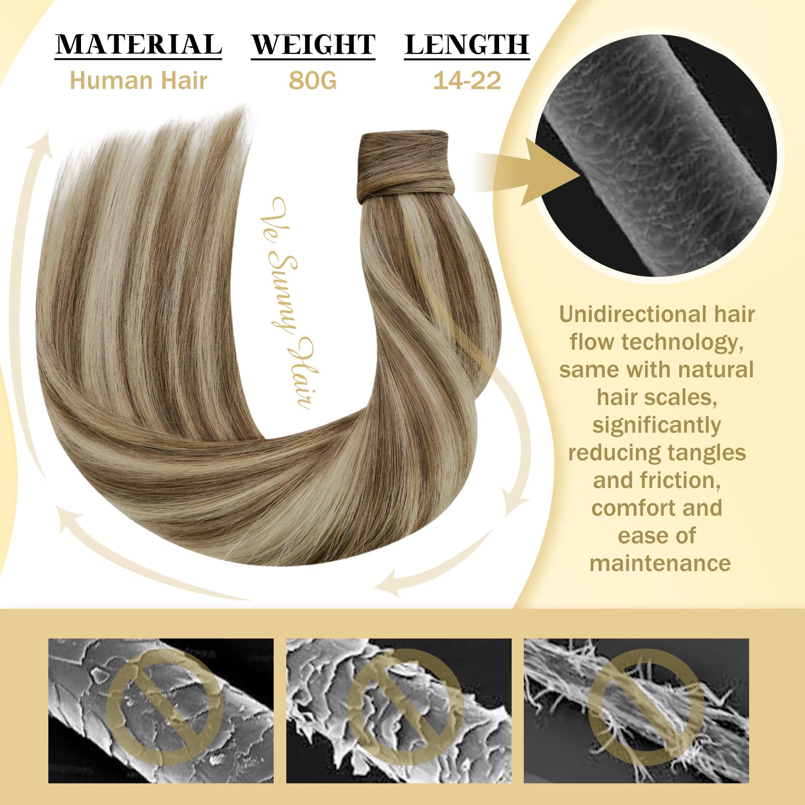 Ve Sunny 16inch Platinum Blonde Human Hair Ponytail Extension - 80g Straight Real Hair Highlights for Women | Perfect for Parties, Weddings & Everyday Styling