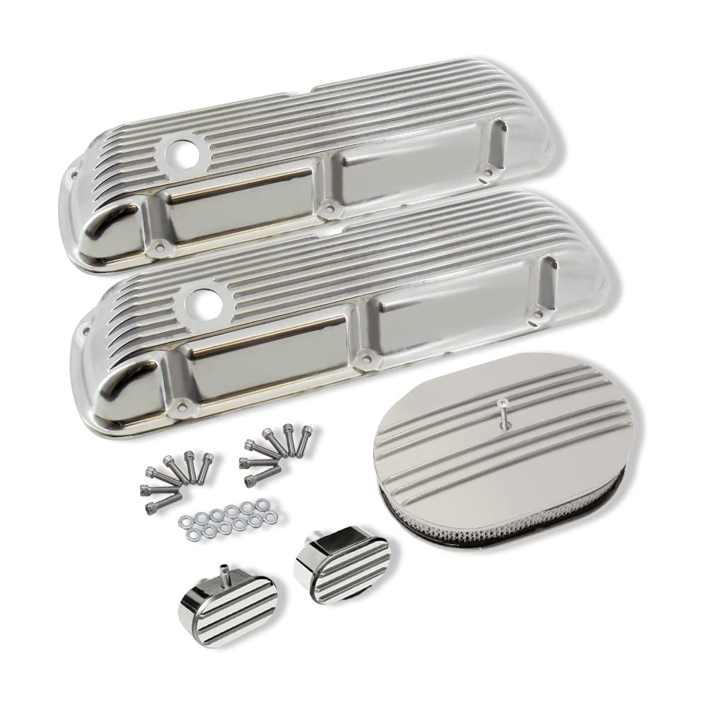 DEMOTOR PERFORMANCE Finned Polished Aluminum Short Valve Covers for Ford SBF 289 302 351W Engines - Includes 12