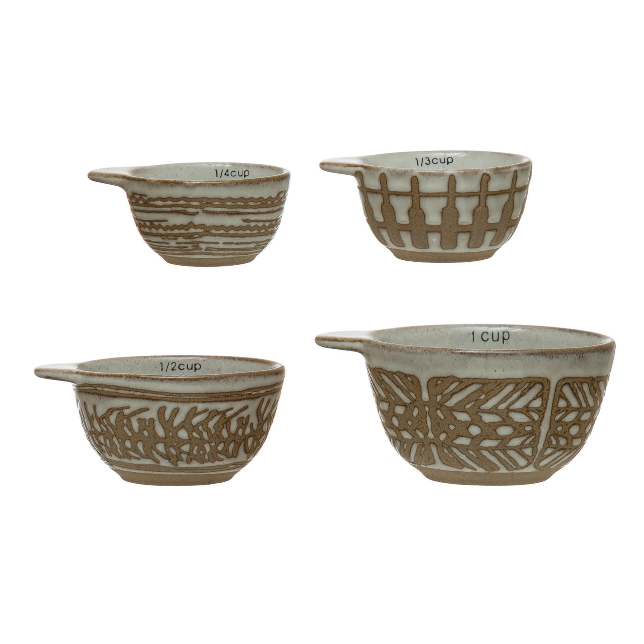 Creative Co-Op White Stoneware Measuring Cups Set of 4 with Wax Relief Pattern - 4.75