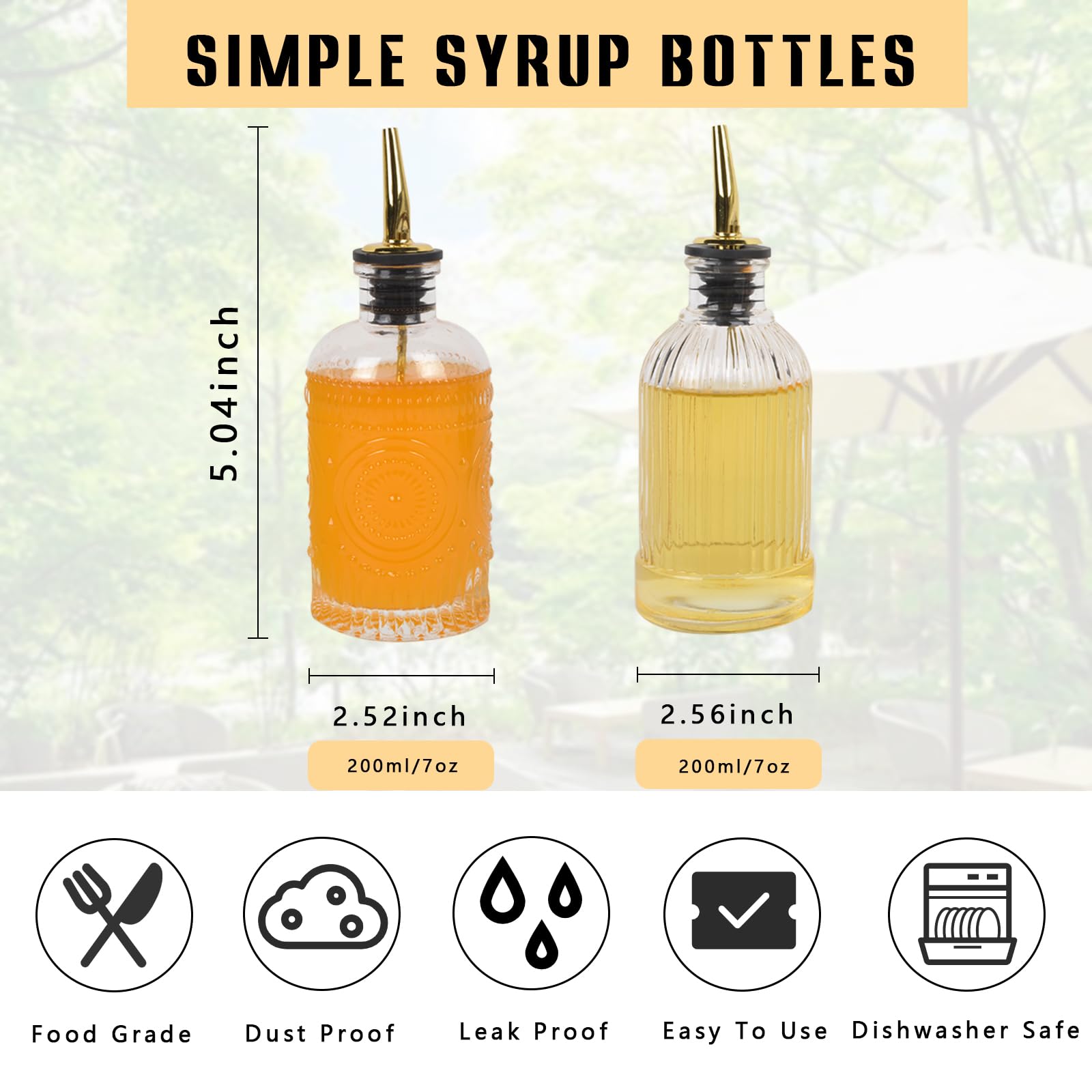 ChezMax 7 oz Glass Coffee Syrup Dispenser Bottles with Metal Pour Spout - 2 Pack Barista Accessories for Coffee, Cocktails & Dessert Toppings | Perfect for Home Bar, Cafe & Kitchen Use