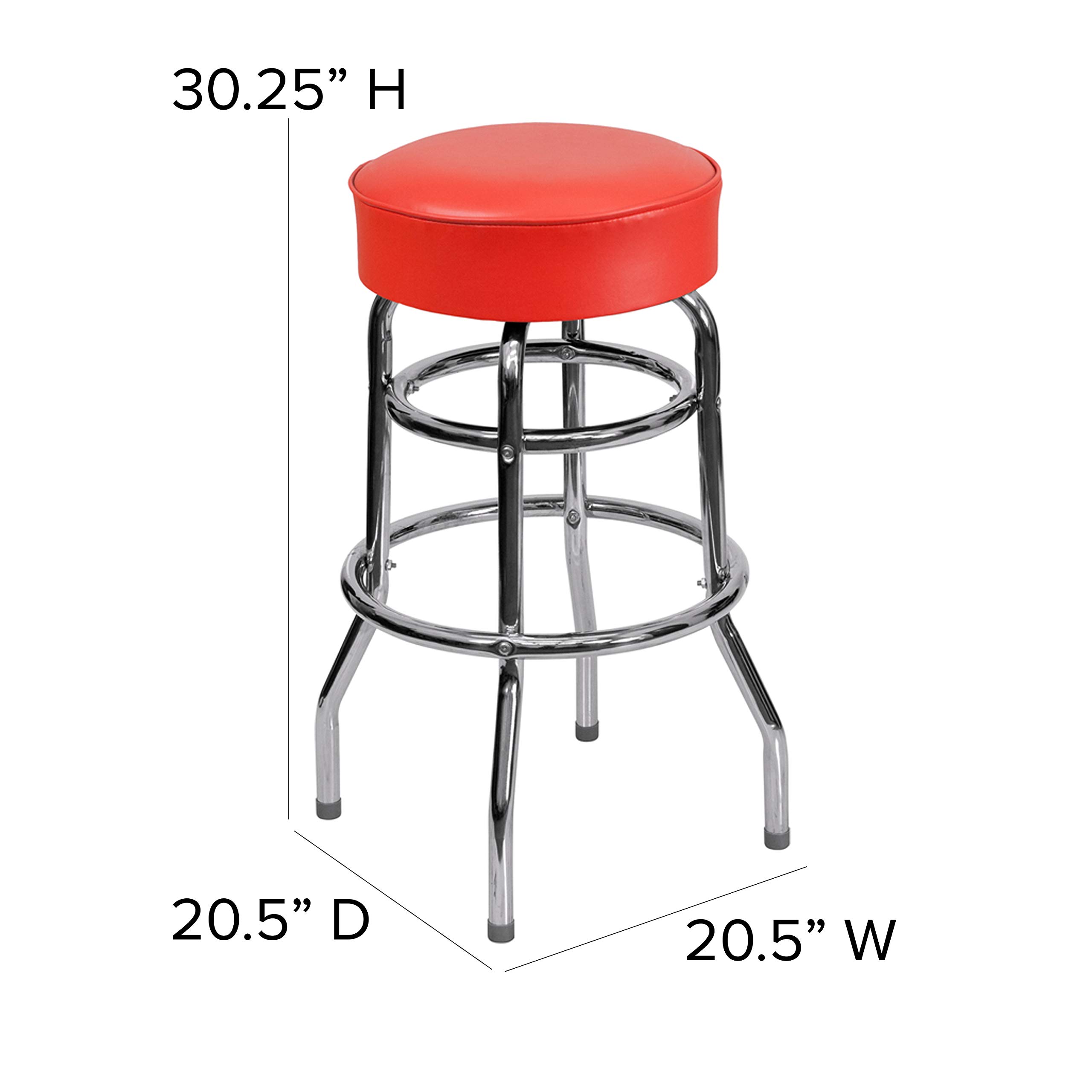 Chrome Bar Stool with Double Ring Design and Red Cushion Seat - Perfect for Kitchen Islands, Breakfast Bars, and Modern Dining Areas