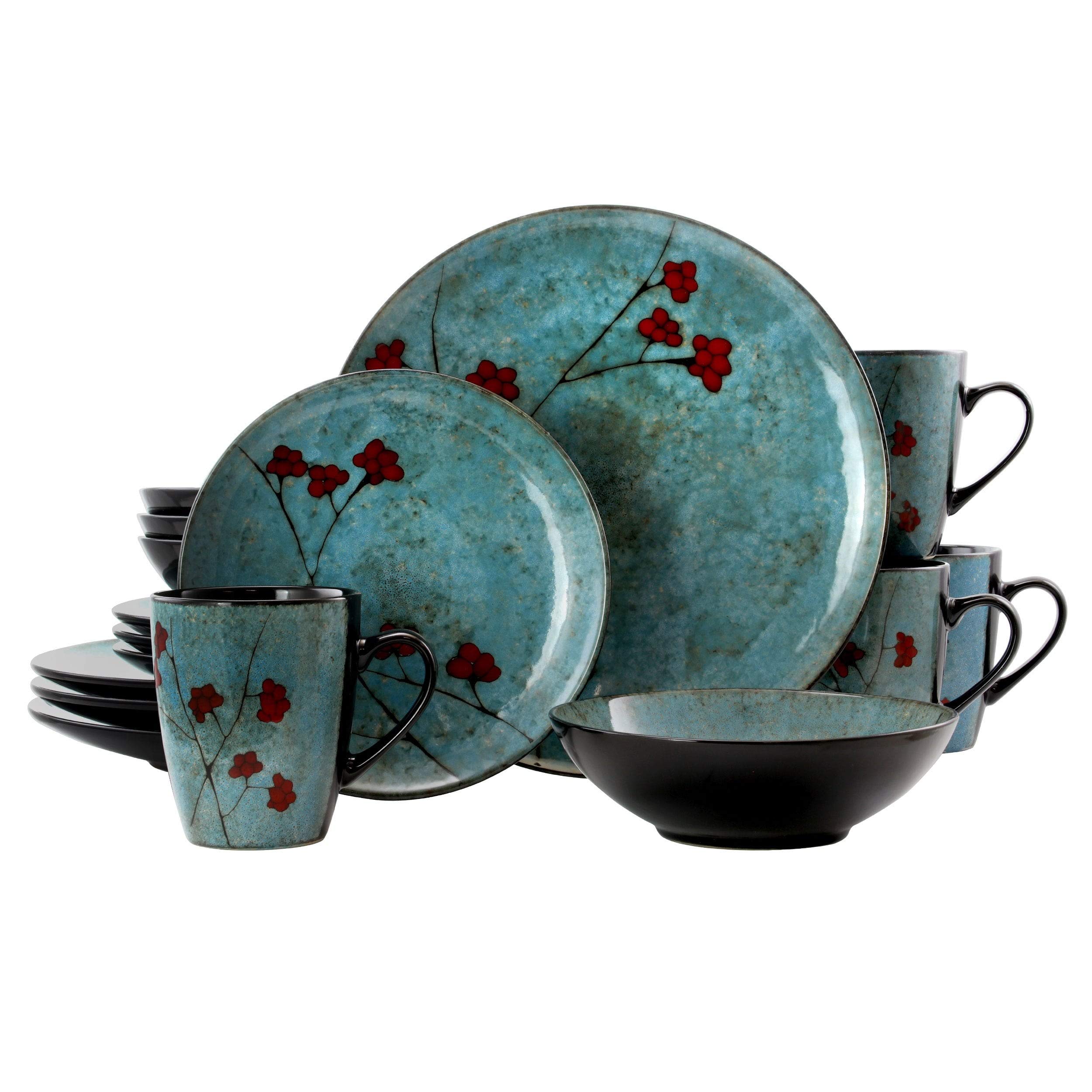 Midnight Blossom 16-Piece Stoneware Dinnerware Set - Blue Floral Design, Microwave & Dishwasher Safe, Round Plates & Bowls for Casual Dining, Family Gatherings & Everyday Use
