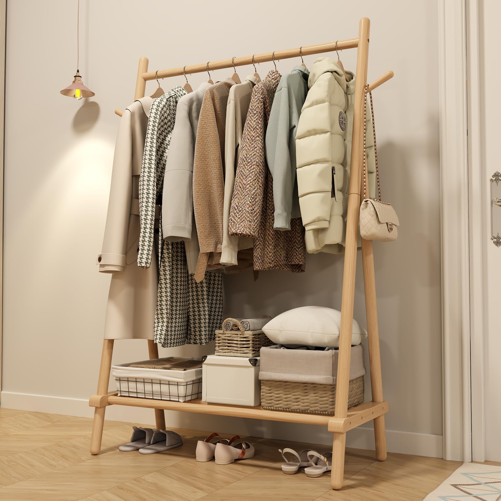**Solid Wood Clothes Rack with Shelf & Hooks - Sturdy, Portable Garment Rack for Hanging Clothes, Coats, Skirts, Shoes & Bags - Easy to Assemble (Natural) - Perfect for Bedroom, Closet & Laundry Room Organization**