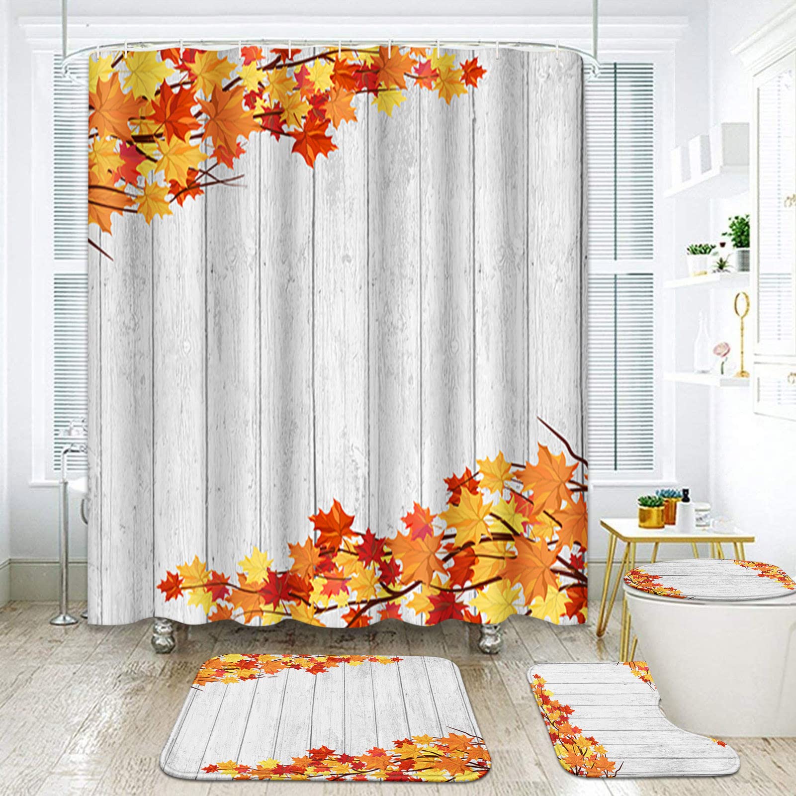 Autumn Maple Leaves Bathroom Set - 4 Piece Shower Curtain with Matching Rugs & Accessories, Rustic Wooden Board Design for Fall Bathroom Decor | Perfect for Seasonal Home Styling and Cozy Autumn Atmosphere