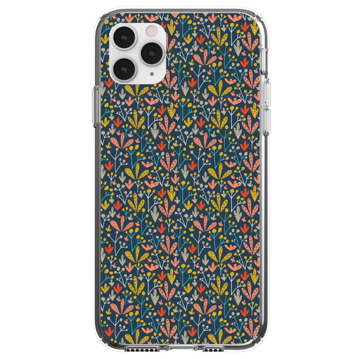 DistinctInk Clear Shockproof Hybrid Case for iPhone 13 Pro MAX (6.7 Inch) - TPU Bumper, Acrylic Back, Tempered Glass Screen Protector - Modern Floral Design in Navy Yellow Teal - Perfect for Daily Protection & Style Enhancement