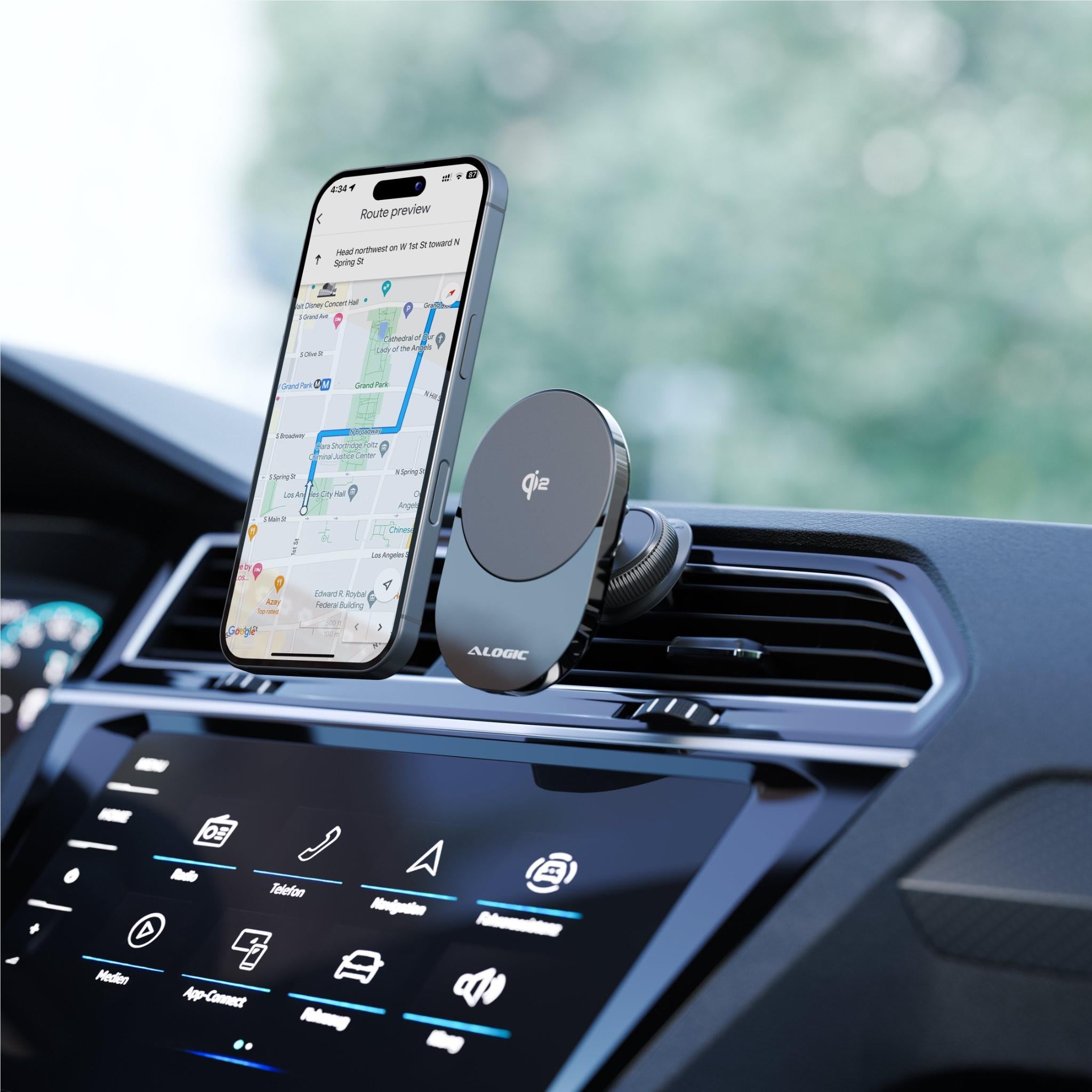 Alogic Clip Qi2 Fast Wireless Car Charger - 15W Magnetic Phone Mount for iPhone 15/14/13, Samsung Galaxy - Perfect for Commuting & Road Trips