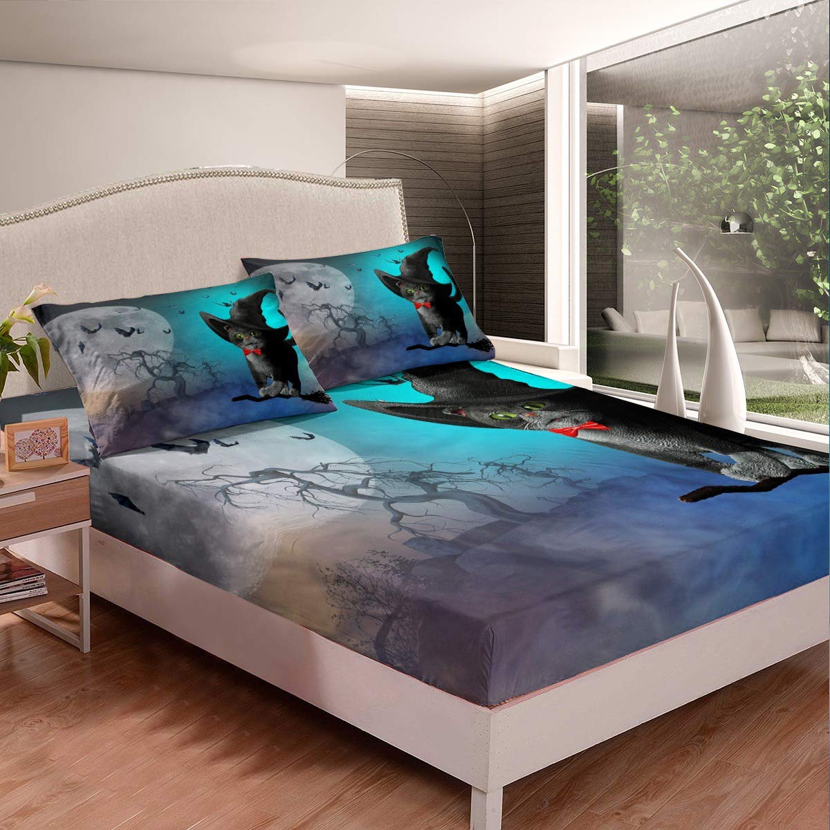 3D Witch Cat & Moon Halloween Bed Sheet Set - Queen Size Deep Pocket Duvet Cover with Bats & Dead Tree Design (1 Fitted Sheet + 2 Pillowcases) for Spooky Teen Bedroom Decor | Perfect for Halloween Party & Gothic Themed Rooms