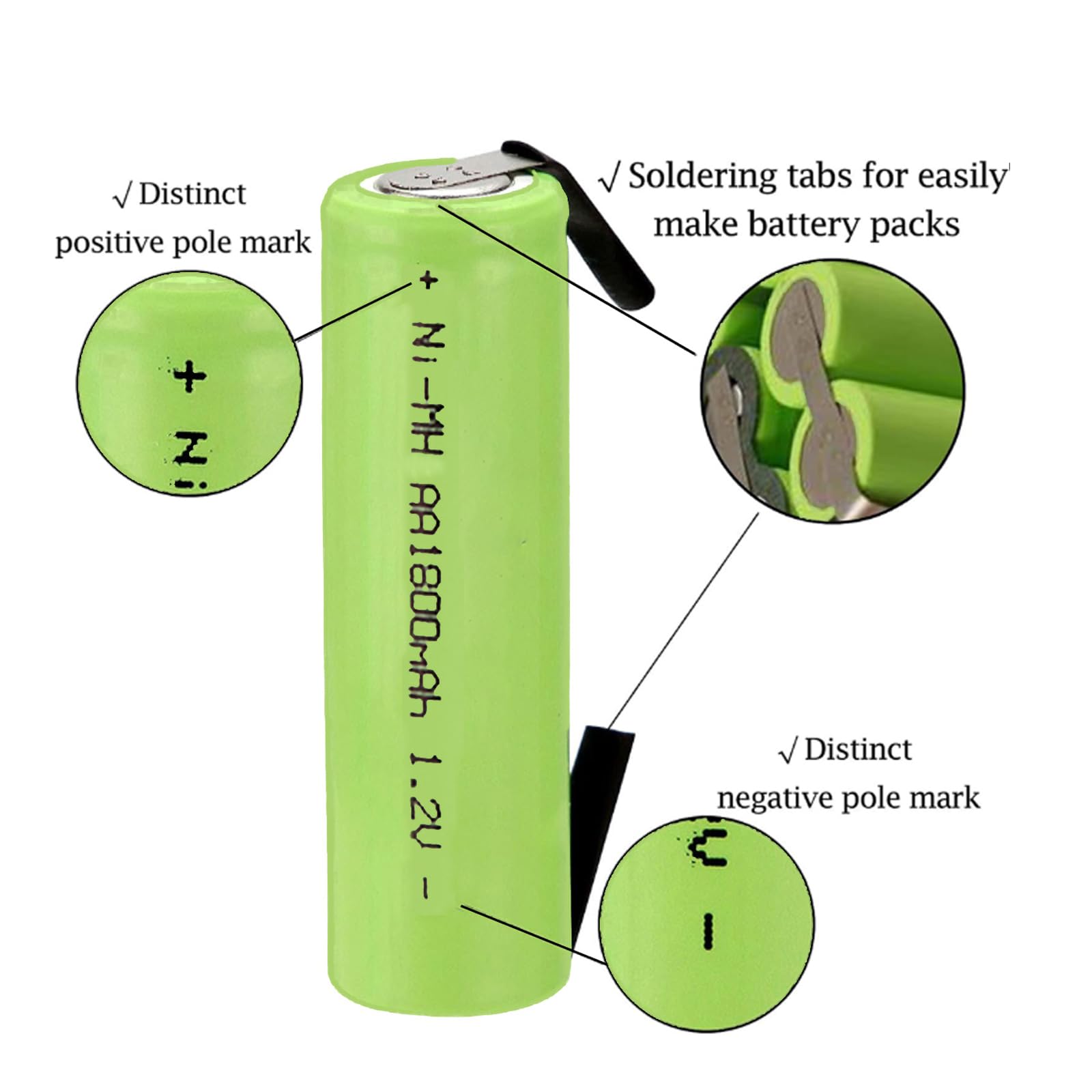 Ni-MH Rechargeable AA Batteries 1.2V 1800mAh with Solder Tabs - 4 Pack | Pre-Charged Double A Batteries for Solar Lights, Police Scanners, Flashlights | Ideal for Outdoor, Emergency & DIY Electronics Use