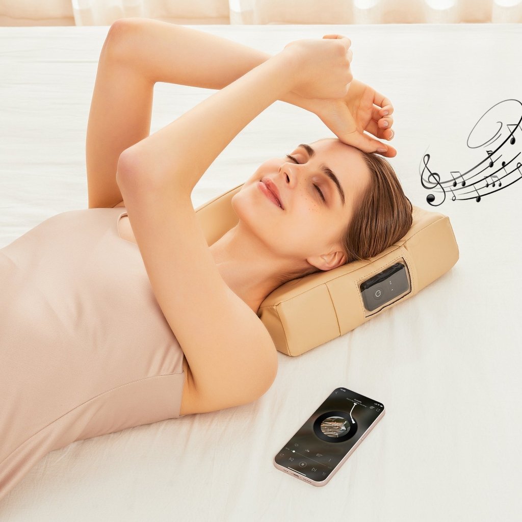 MusicMaster High Fidelity Bluetooth Music Pillow with Ergonomic Face Cushion - Wireless Massage Pillow for Neck & Back Pain Relief, Cream Color - Perfect for Home, Office & Travel Relaxation